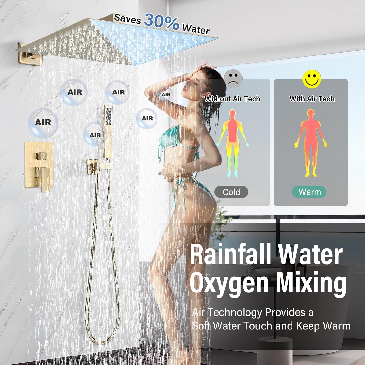 Shower Faucet Rain Shower System with 12 Inches Rainfall Shower Head and Handheld Spray Combo Bathroom Shower Faucet Set Complete Brushed Gold Shower Valve and Trim Kit Wall Mounted