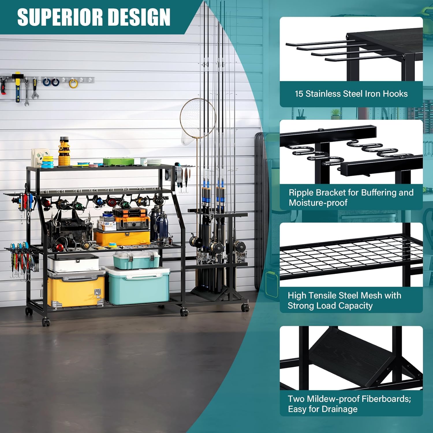 TC-HOMENY Large Fishing Rod Holders for Garage Fits for 12 Rods, 4-Tier Fishing Pole Rack Cart with Enlarged Shelves, Fishing Gear Tackle Organizer Storage Cart with Wheels for Garage, Outdoor, Black