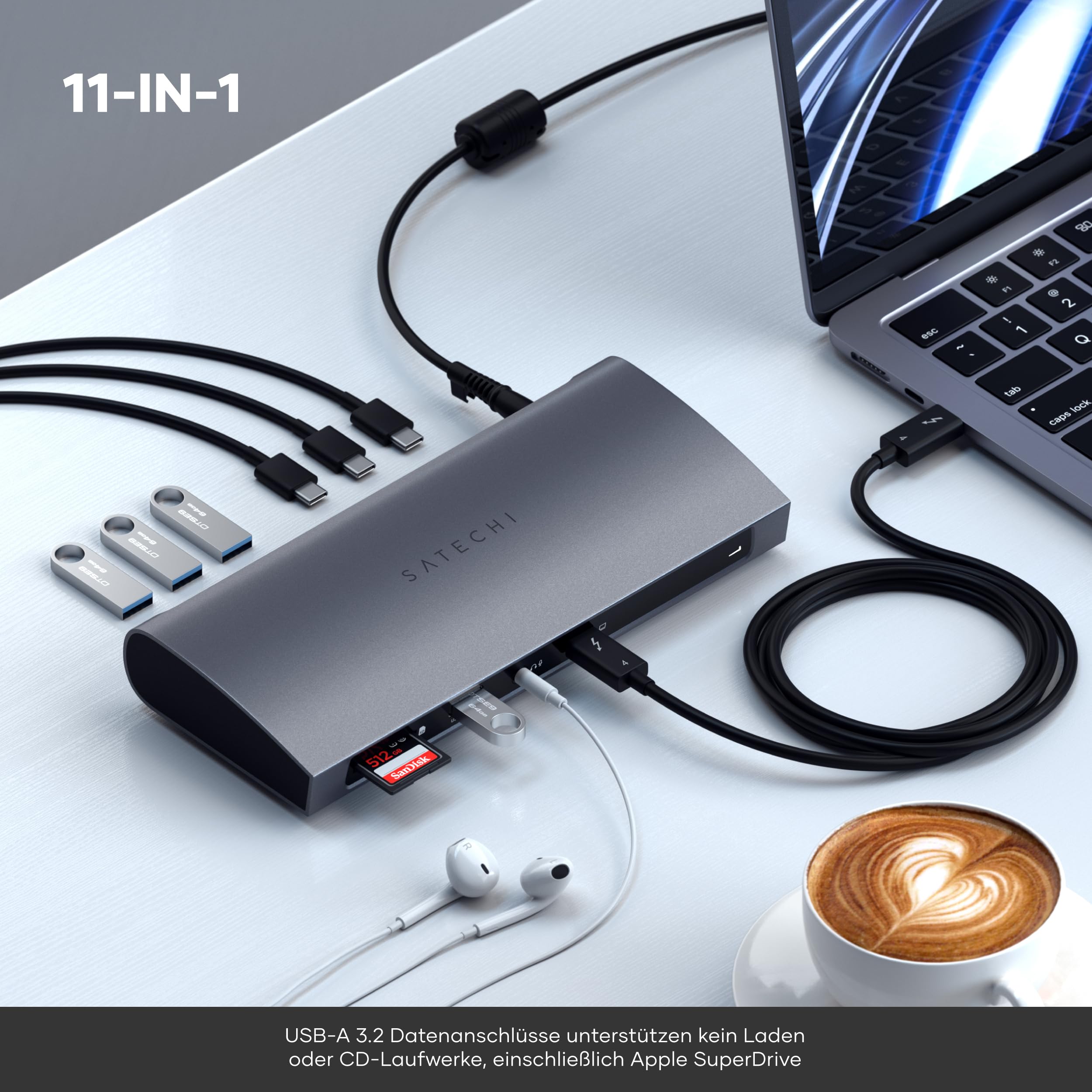 SATECHI 12-in-1 Thunderbolt-4 Dockingstation, 96 W, HDMI | 3 × Thunderbolt-4-Anschlüsse mit 40 Gbit/s, 4 USB-A Anschlüsse, 4K@60 Hz, Ethernet, SD-Kartenleser und Audio