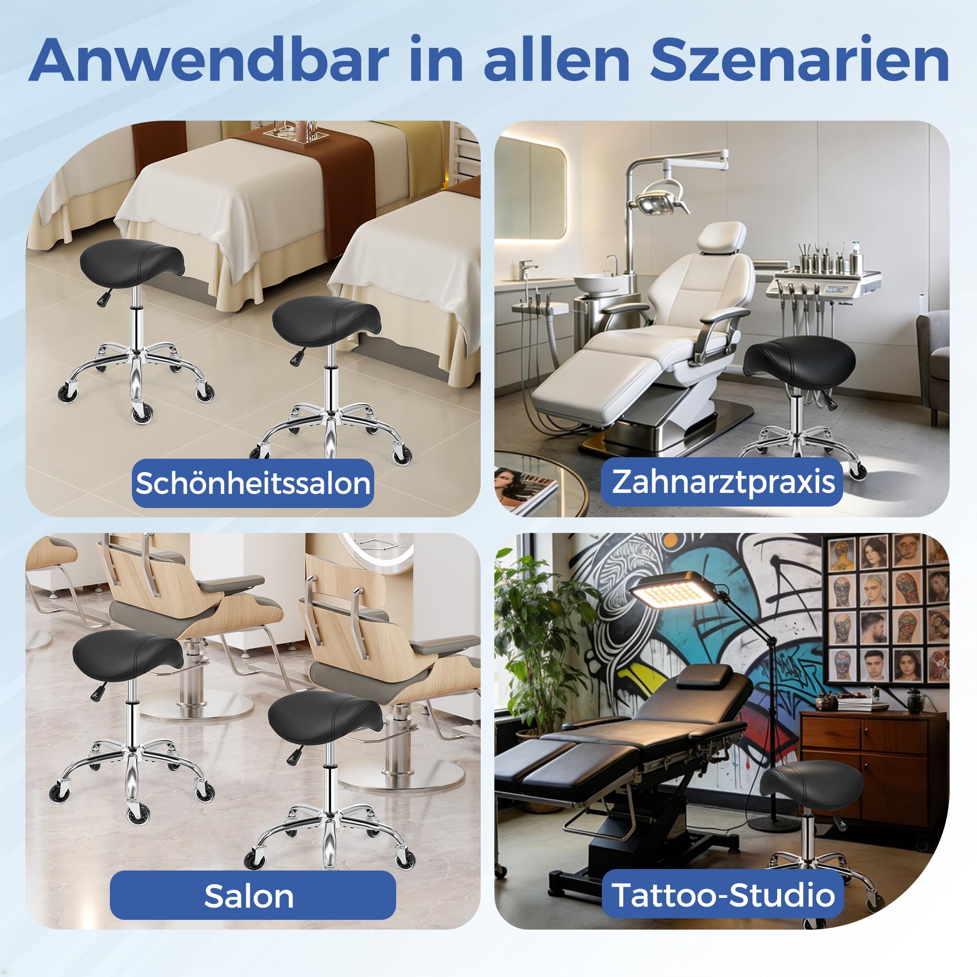 ANWBROAD Sattelhocker mit Rollen 360° Drehhocker Silent-Rollen höhenverstellbar Rollhocker bis 205 kg Ergonomisch Dickes Leder breite Sitz für Schönheitssalons, Salon, Spa und Kliniken Schwarz WSS001B