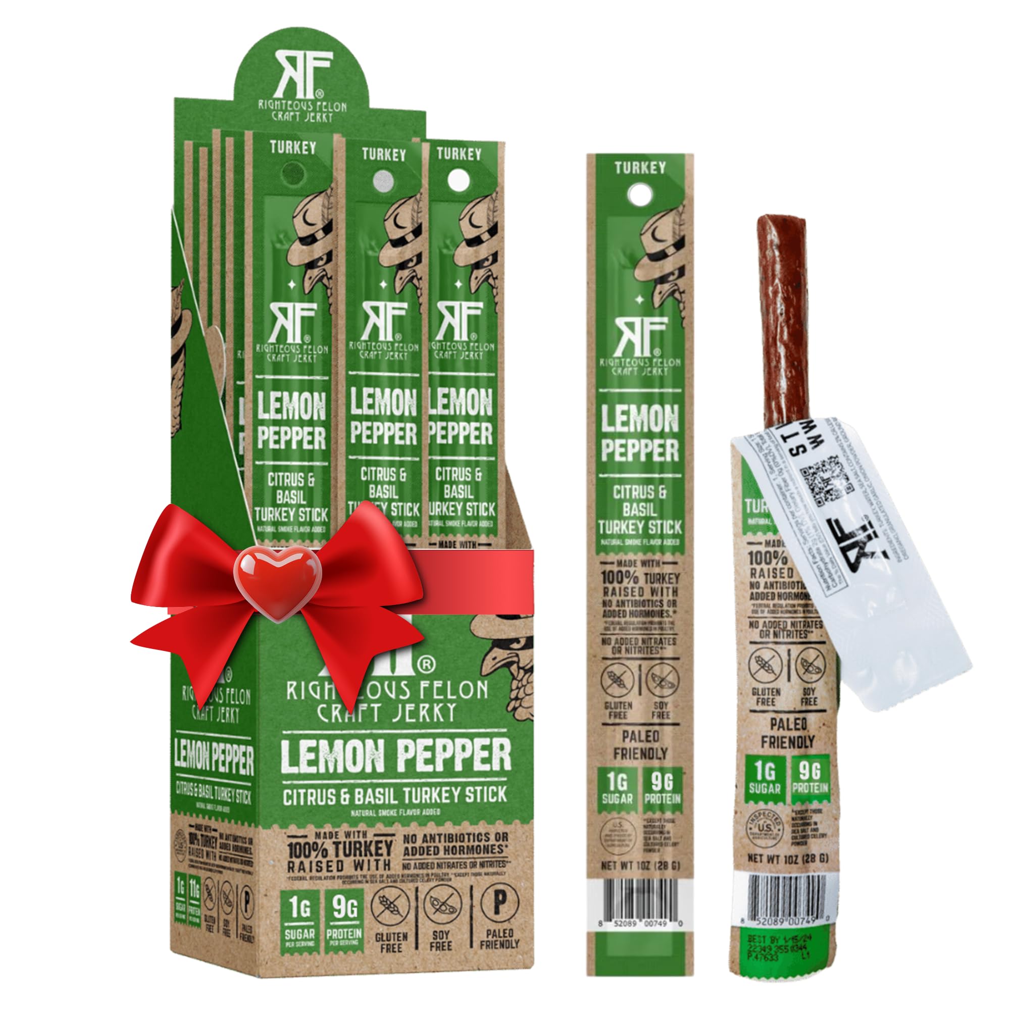 Righteous Felon Meat Sticks | 100% Turkey Sticks | Keto, Gluten-Free, Low Sugar, High Protein Healthy Snacks | Valentines Day Jerky Gifts for Men | Lemon Pepper Turkey Sticks, 24 Count
