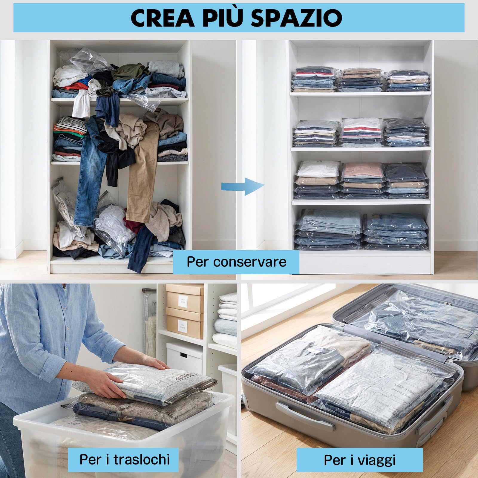 Sacchetti Sottovuoto Vestiti con Pompa Wireless 4500Pa, Set 20 | 3 misure: 50 × 40, 60 × 40 e 60 × 50 cm, fino all’80% di spazio in meno per viaggio, valigia, armadio e biancheria