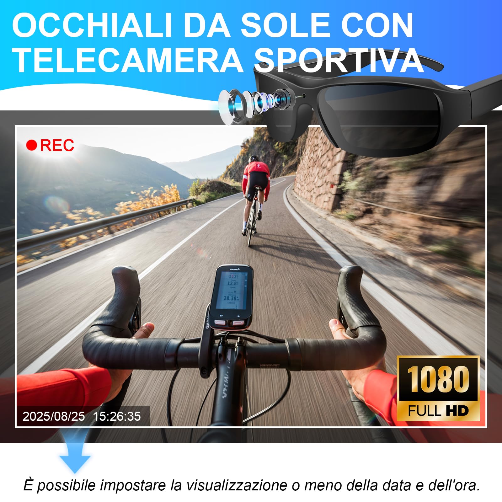 Occhiali da Sole Sport Mini Telecamera Hd 1080p Occhiali Mini Action Camera, Occhiali da Sole Sport Action Camera da 32Gb Per Escursionismo, Equitazione Attività All'aperto Registrazione - Nero