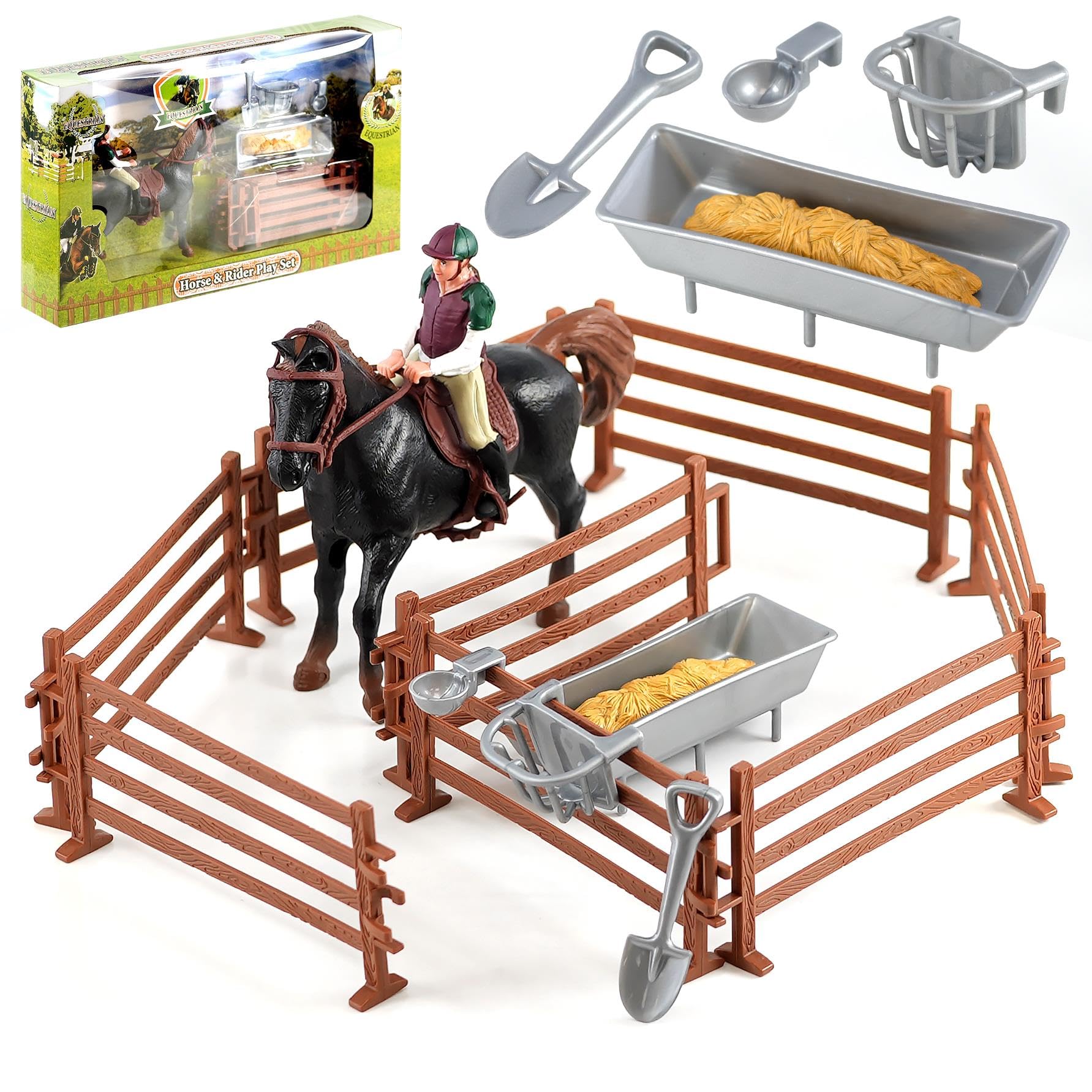 The Magic Toy Shop Horse and Rider Playset with 14 Pieces, Complete with Yard Fence, Trough, Tools