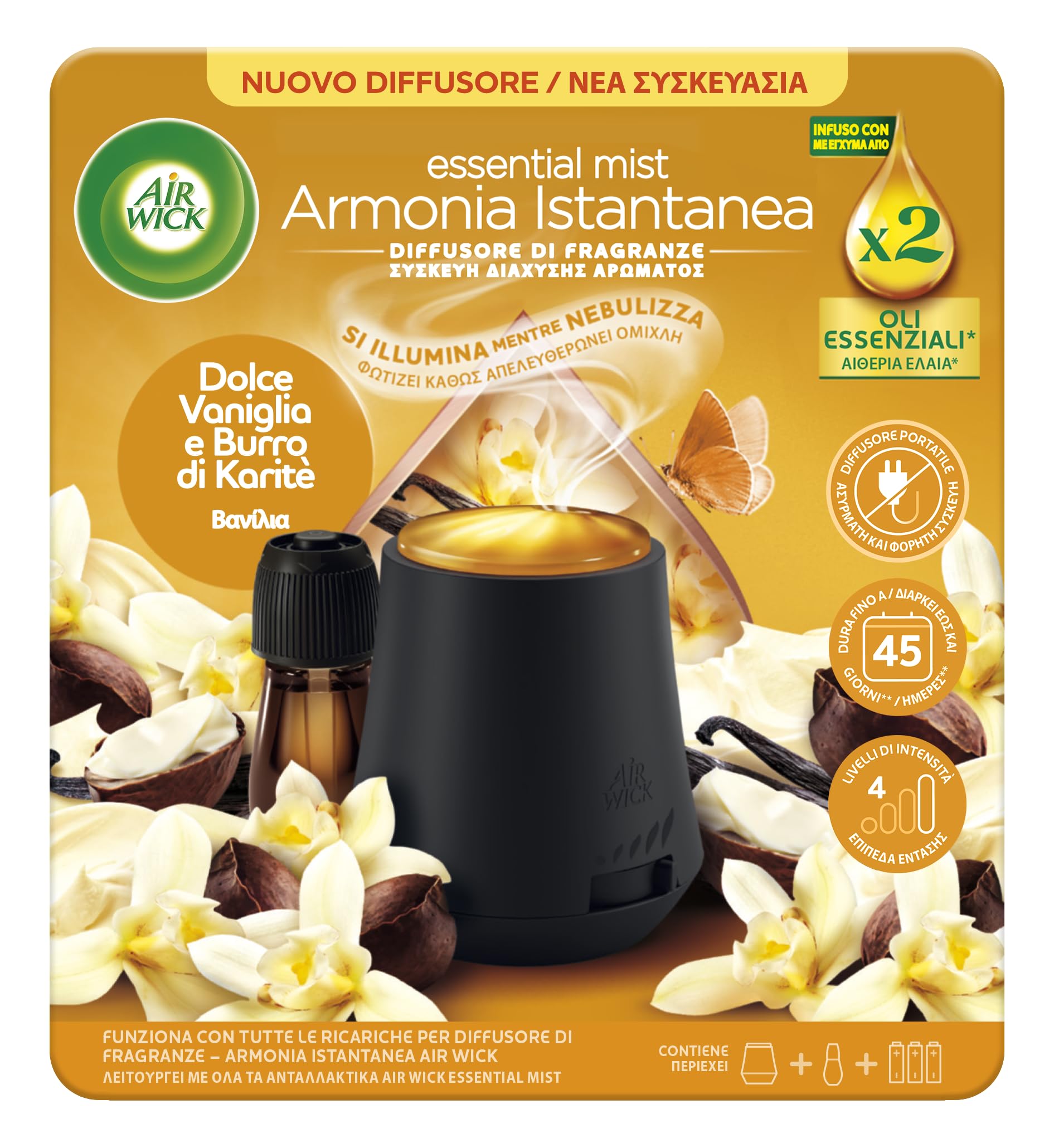 Airwick Armonia Istantanea Profumatore per Ambienti, Confezione con 1 Diffusore di Oli Essenziali e 1 Ricarica per Diffusore di Oli Essenziali, Fragranza Mandarino & Arancia Dolce Energizzanti
