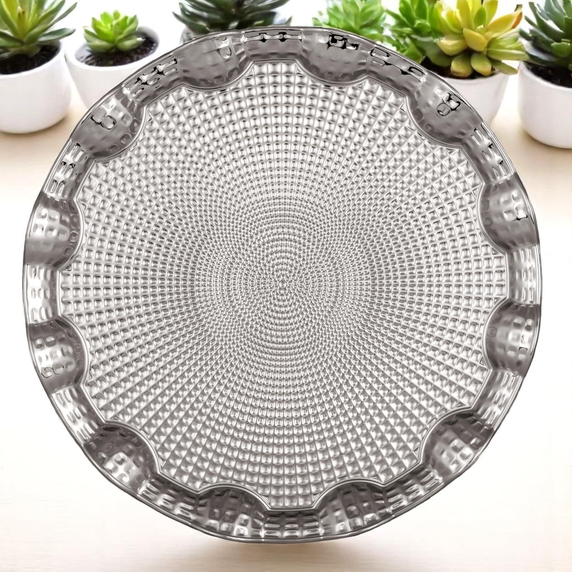 Alisveristime Rundes Serviertablett aus Metall für 6 Personen, Ottomanen-Motiv, (35,1 cm Durchmesser, 496 g) (Silber)