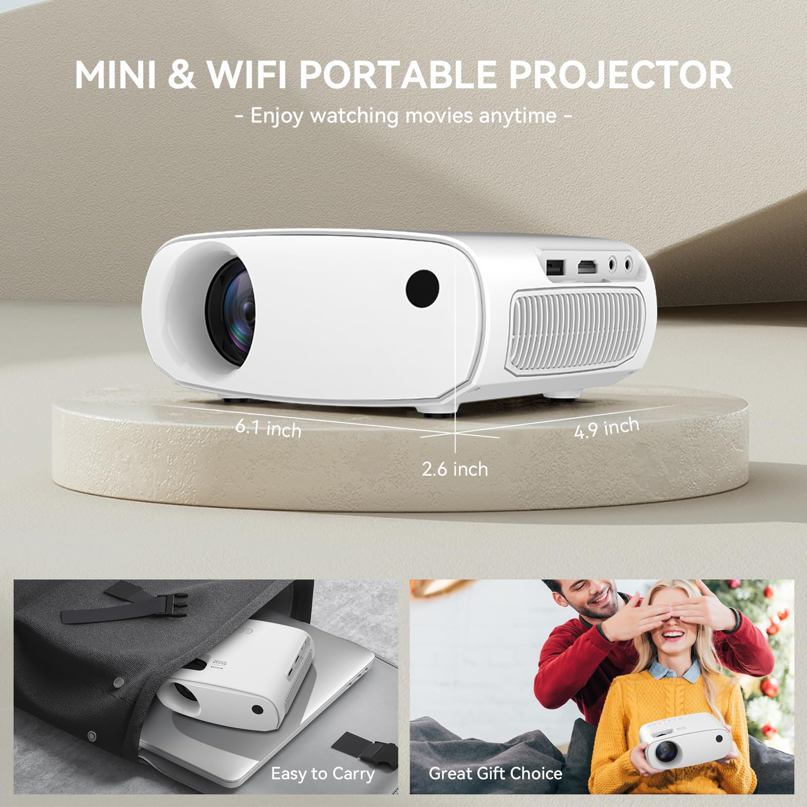 Mini proiettore con WiFi e Bluetooth – Proiettore cinematografico portatile per esterni 1080P Full HD compatibile con HDMI/telefono/tablet/laptop/TV Stick/PS4