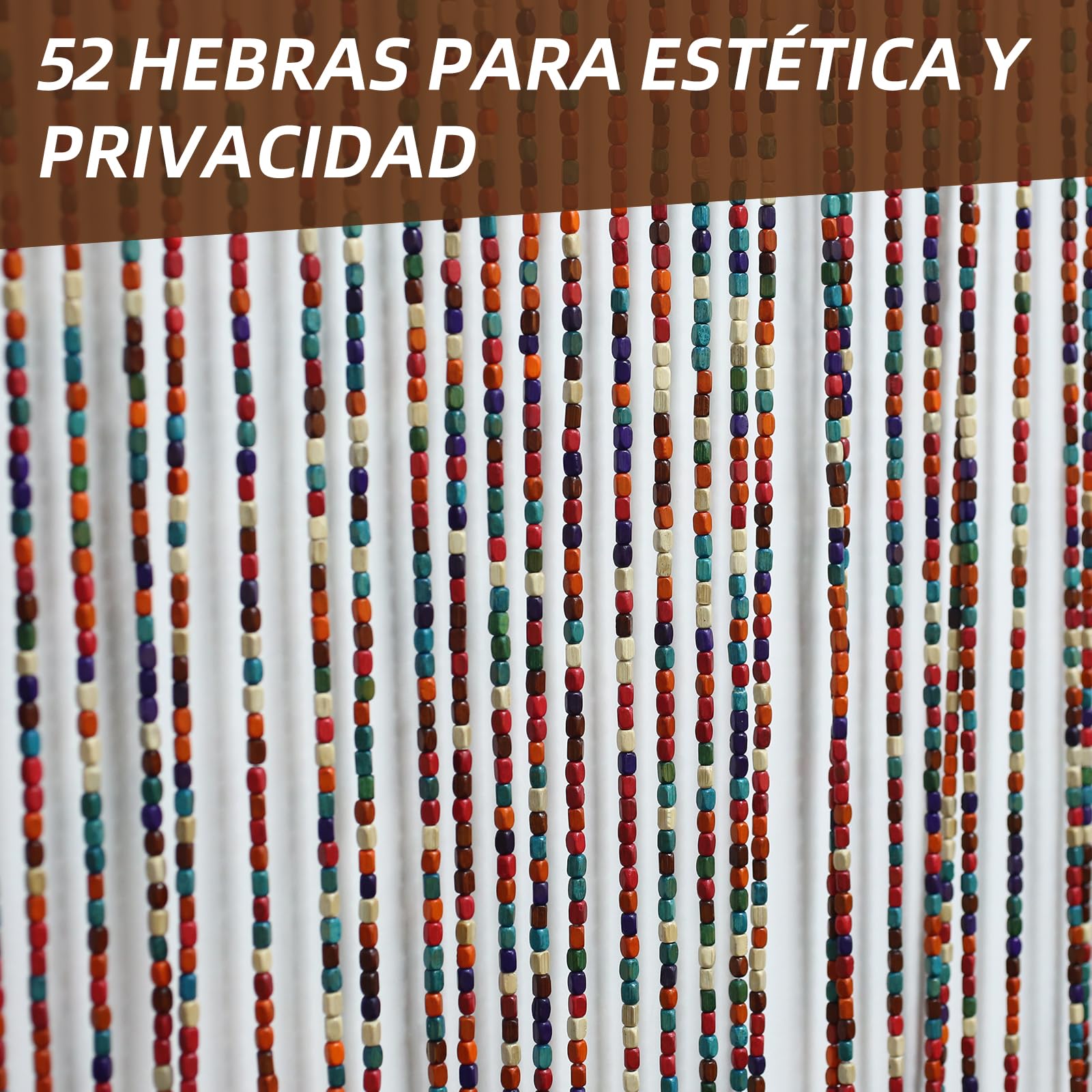 Cortina para puerta de balcón, 90 x 190 cm, cortina de puerta, decoración de puerta de balcón, 52 hebras, estilo bohemio, cortina de bambú, cuentas de madera hechas a mano para ventana