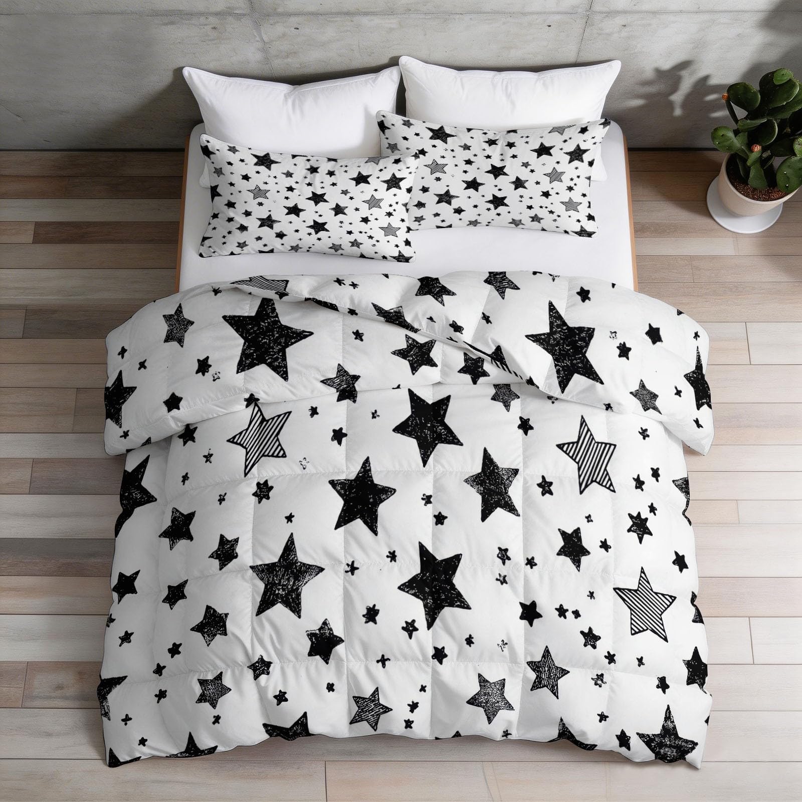 King Coverless Duvet Set 4.5 Tog, Scandinavian Minimalist Stars White Reversible Comforter, Machine Washable, All-Season Bedding with 2 Shams for Boys' and Girls' Room, 230 x 220 cm