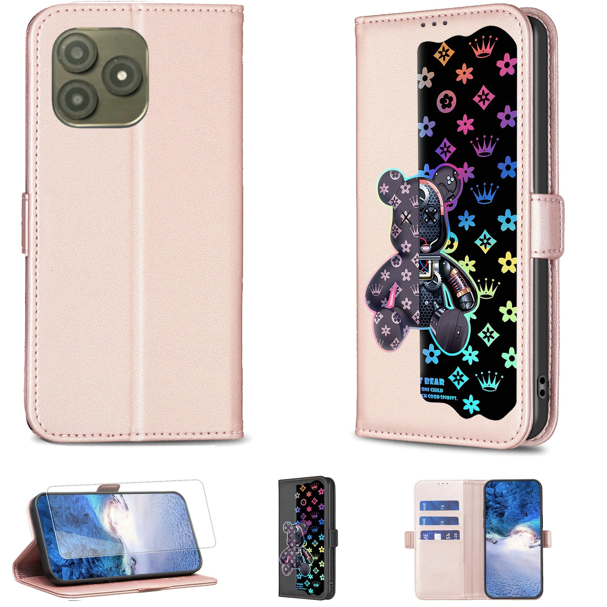 Case Compatible for Foxx FOXXD A65 Phone Case Flip Stand Cover [with Tempered Glass Screen Protector] JXX-Pink