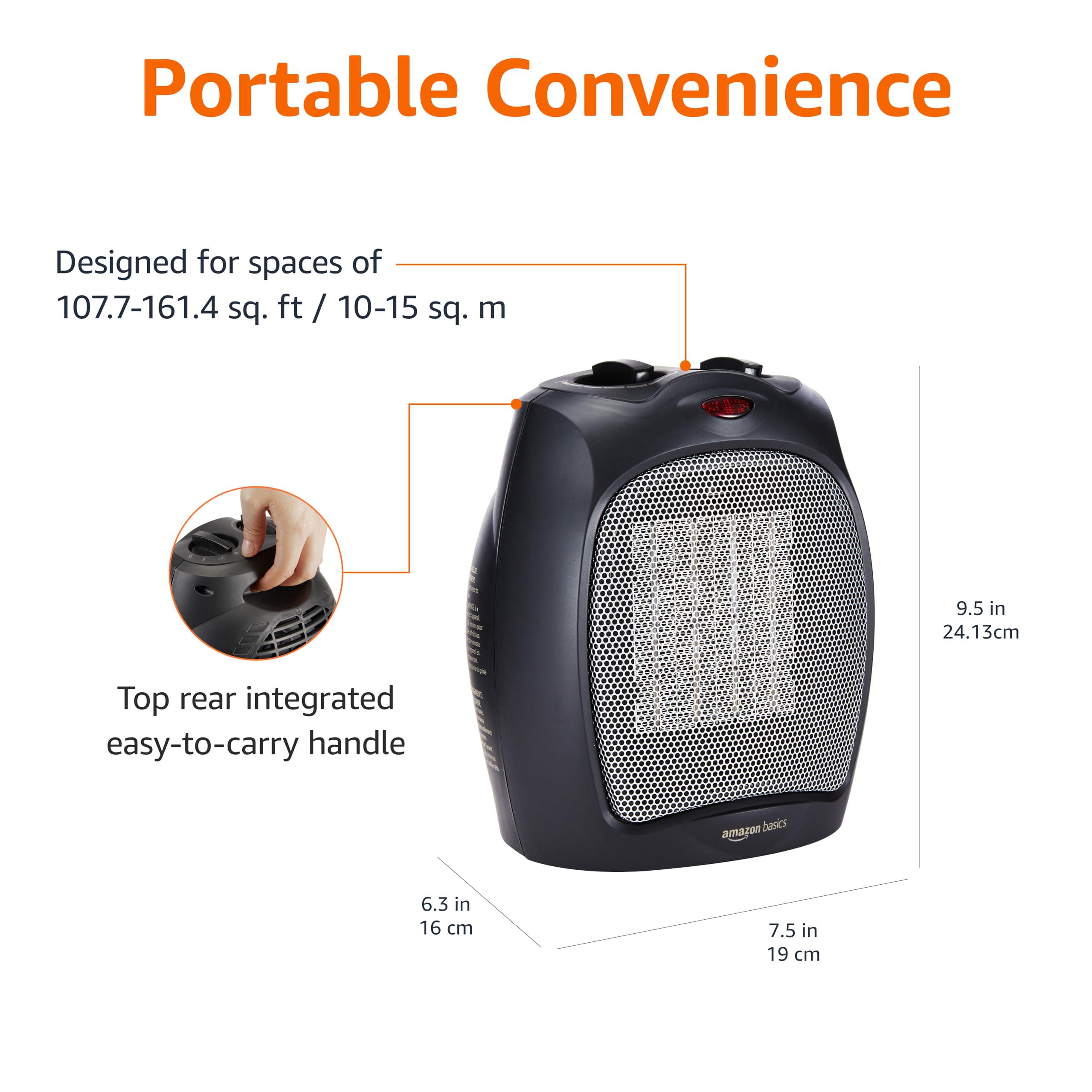 Amazon Basics – ceramiczny grzejnik stojący, 1500 W, z regulowanym termostatem, czarny