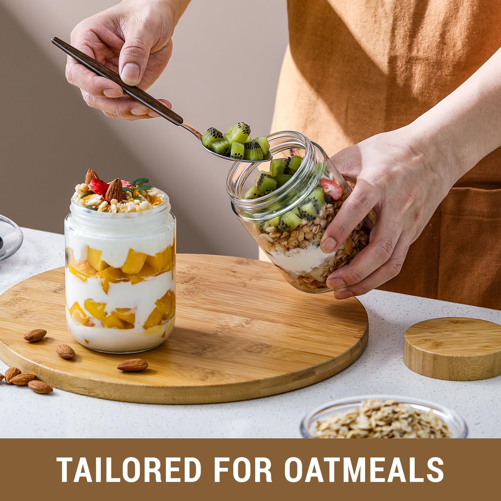 NETANY Paquete de 6 tarros de vidrio de 16 onzas con tapas herméticas, recipientes de avena nocturna con tapas de bambú, tarros de ensalada Mason de boca ancha, recipientes de almacenamiento de