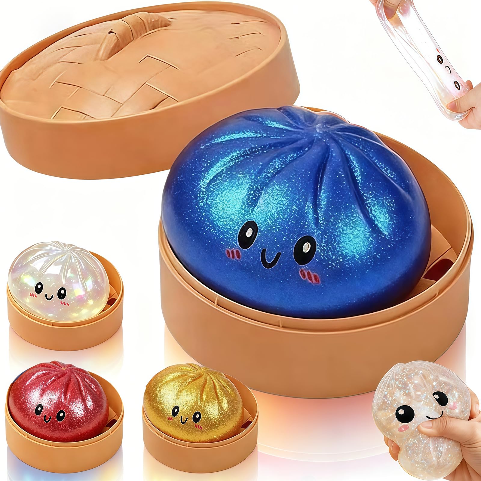 Sensory Stress Ball - Giant Glitter Dumpling Squishies, Oversized Stretchy Squeeze Dough Ball with Plastic Steamer Box for Calm & Relaxation, Bright Blue