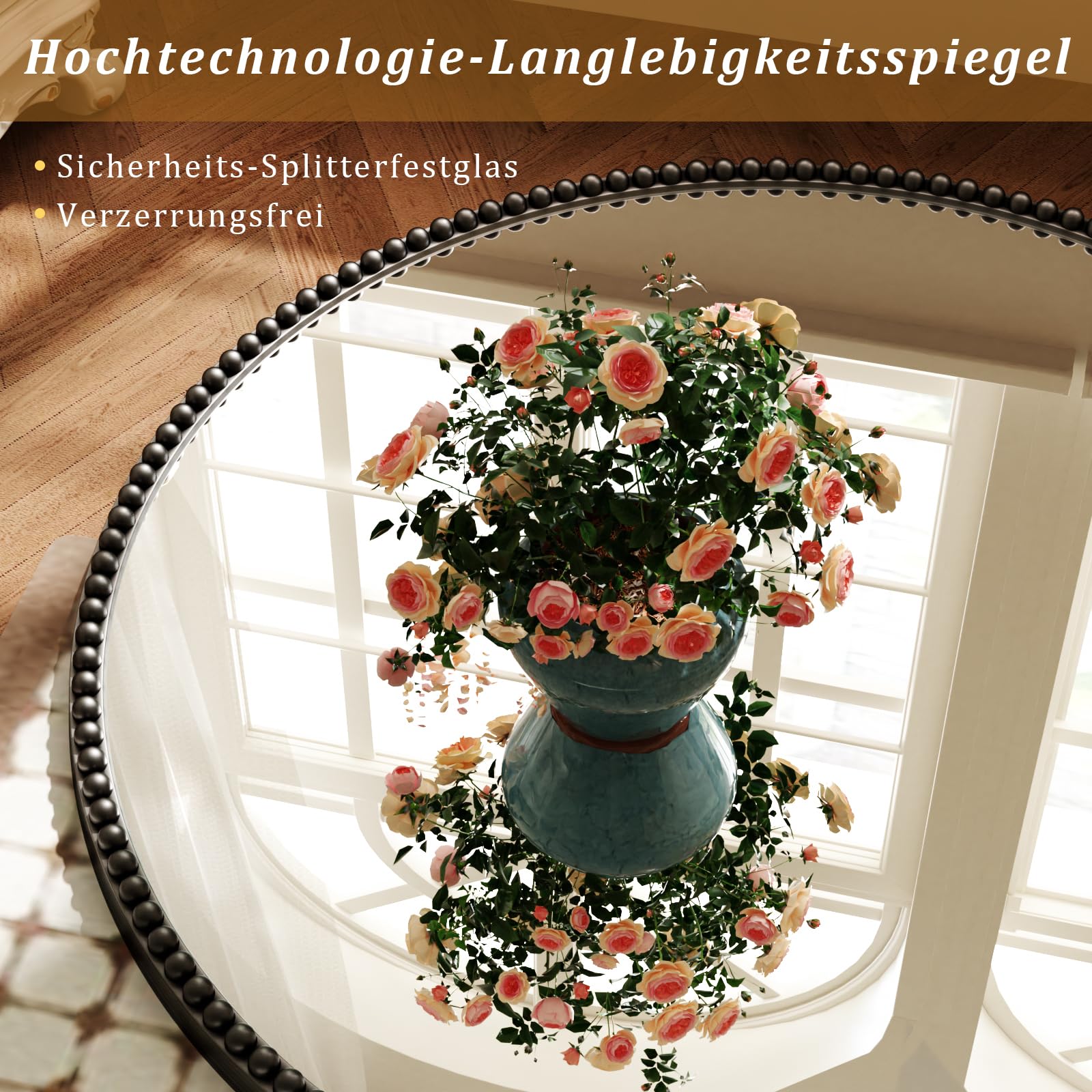 Koonmi runder Wandspiegel 80 cm, PU Perlenrahmen, Schwarz | Retro Badspiegel zum Aufhängen oder Anlehnen für Eingangsbereich, Schlafzimmer, Wohnzimmer und Flur