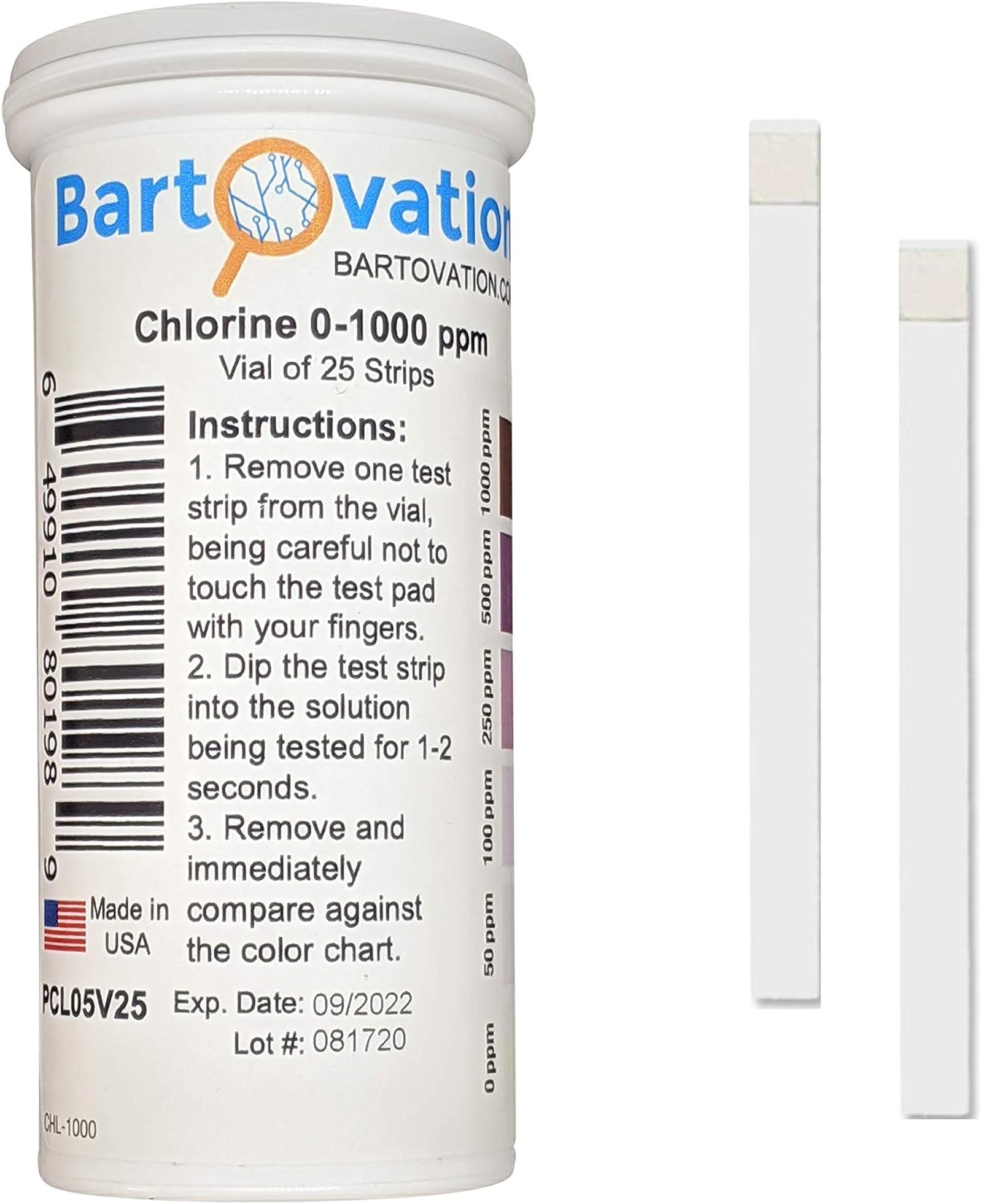 Free Chlorine/Bleach Test Strips, 0-1000 ppm [Vial of 25 Strips]