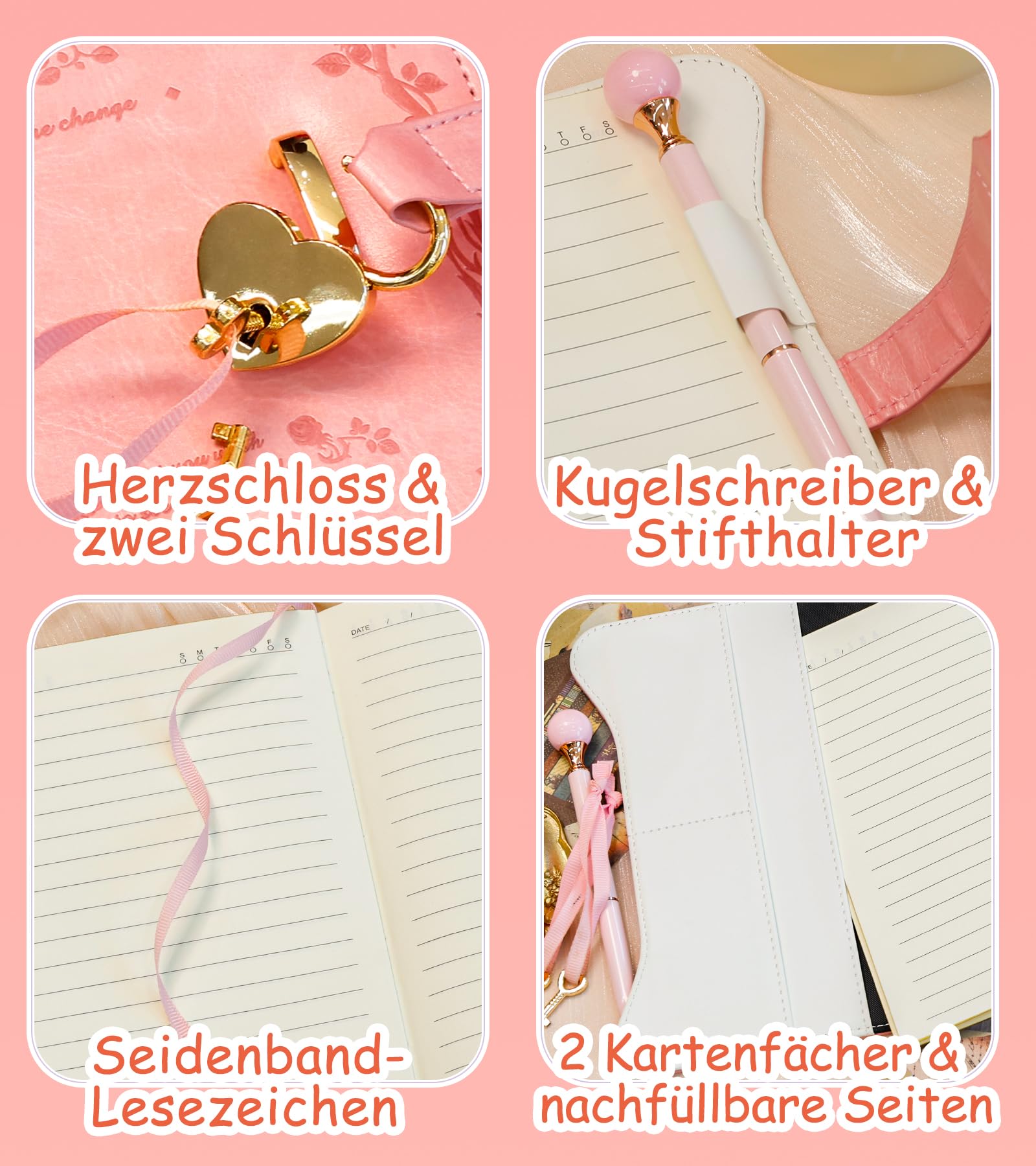 Tagebuch mit Schloss für Mädchen – 360 Goldschnitt-Seiten, nachfüllbar im B6-Format, inkl. Stift und Lesezeichen-Rosa