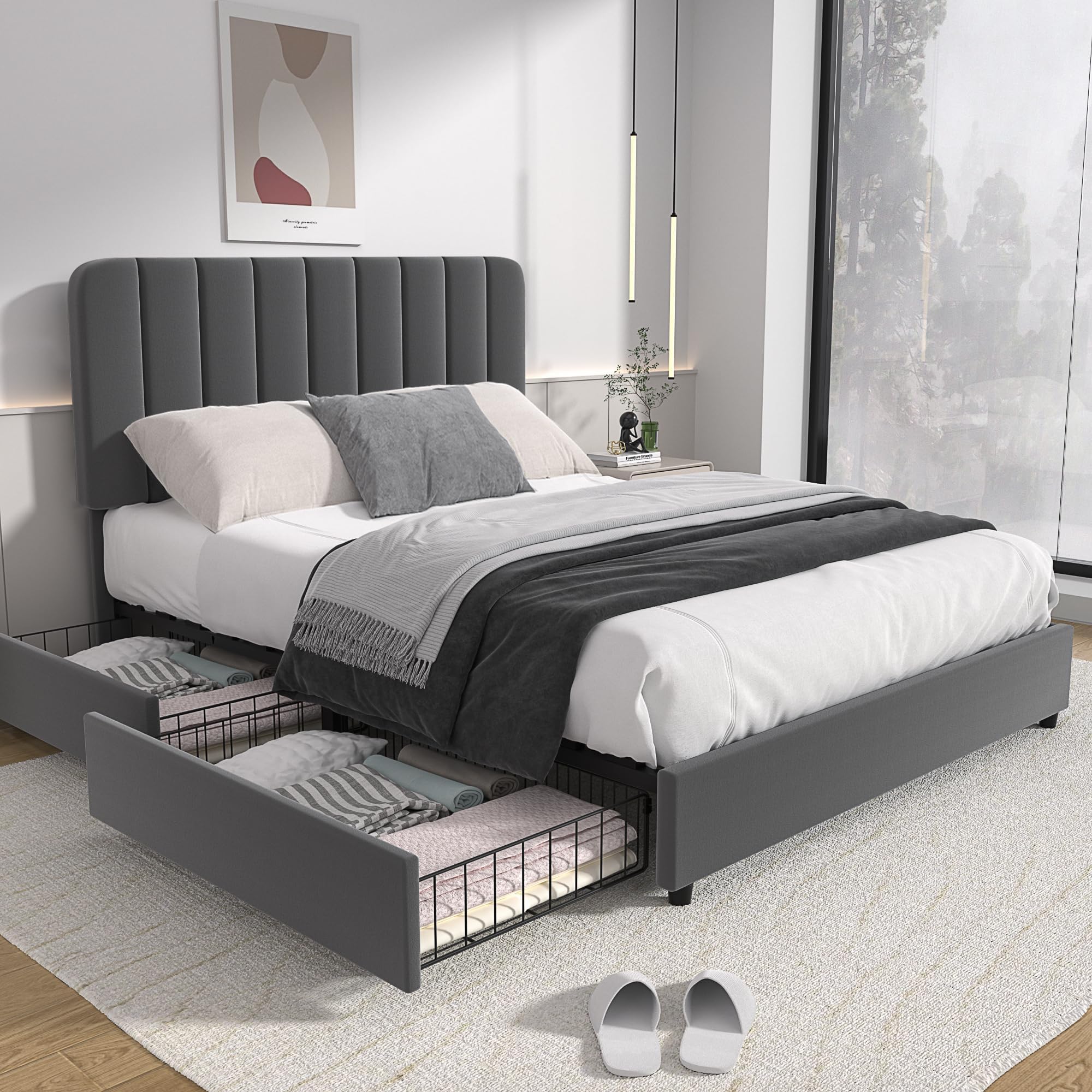 VECELO 4ft6 Double Bed Frame Upholstered Platform with 4 Storage Drawers and Adjustable Tufted Headboard, Sturdy Wooden Slat Support, No Box Spring Needed, Easy Assembly, Velvet Fabric