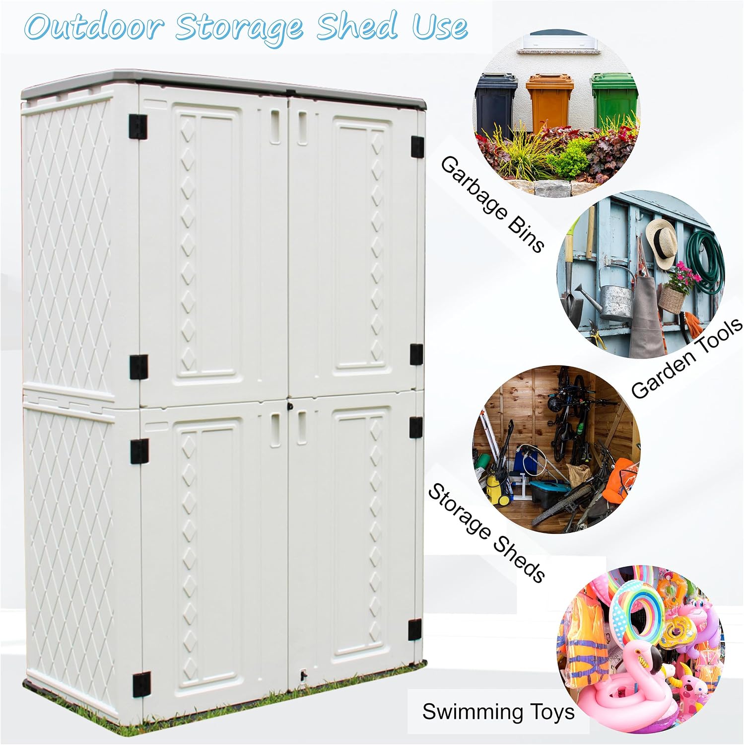 Mrosaa Vertical Resin Storage Shed showing various use cases
