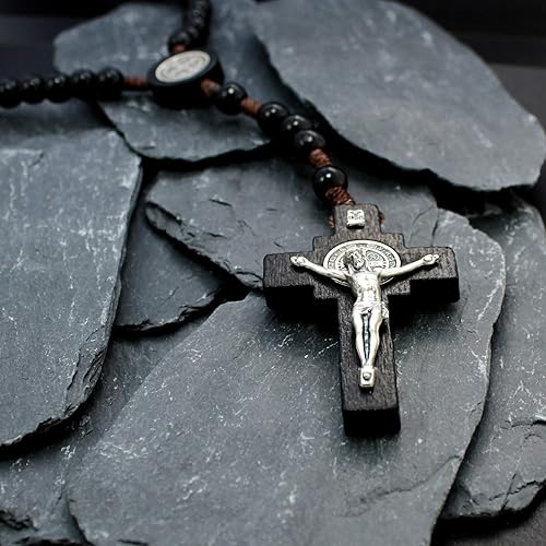 Miniatura 3 de Alexander Castle Our Father - Rosario de madera maciza (hechas a mano, nogal brasileño) con unión de San Benito, viene en bolsa de regalo de