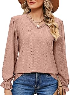 Camiseta Holgada de Manga Larga con Cuello en V de Encaje para Mujer, Tops de Invierno, Color Rosa-S