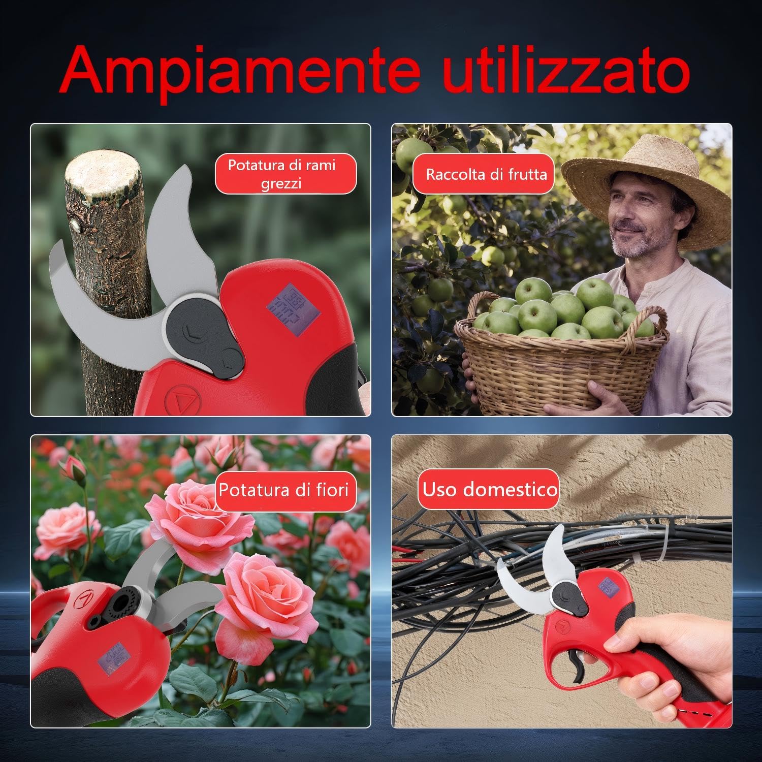 OUTIGO Forbici Potatura Elettriche, Dotato di 2 batterie da 3000 mAh, 40 mm, con display, motore brushless, adatto per giardinaggio, alberi da frutto, vigneti