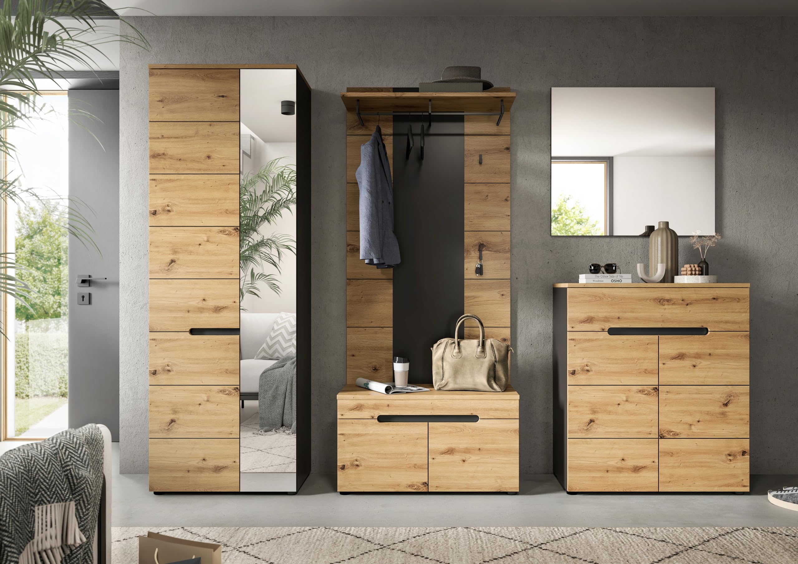 xonox.home - Garderobenkombination Canu 5tlg. 255x190x37 cm in Korpus Basalt grau Nb., Front Artisan Nb. - Garderobenschrank Garderobenmöbel Flurmöbel-Set Flursystem Stauraumlösung