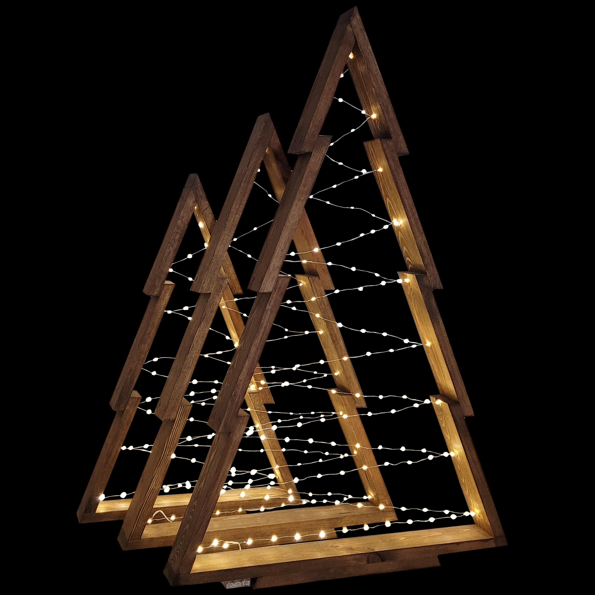 WEECO Lot de 3 Sapins de Noël en Bois XLL avec Éclairage LED - Décoration Festive 113 cm, 90 cm, 78 cm - Arbres pour Intérieur et Extérieur - Wengé