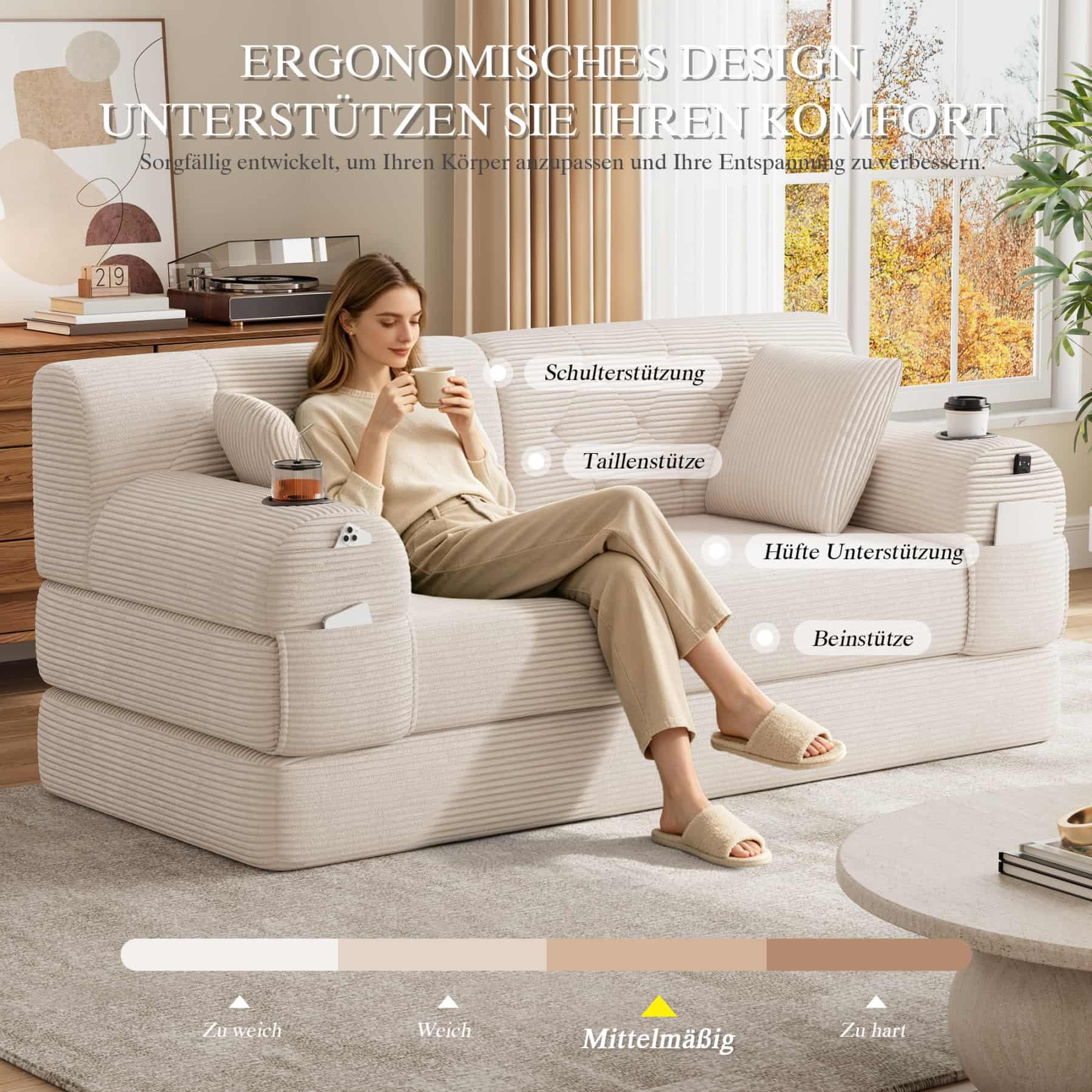 YEHTOKHOME - Sofá de Velor acanalado con respaldo alto y estructura metálica, sofá moderno de 2 plazas con 2 portavasos y 4 bolsillos laterales, para salón, dormitorio (Beige)