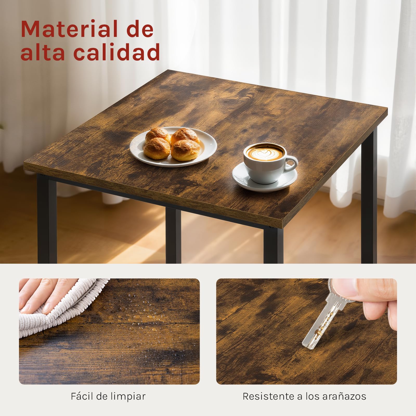 WOLTU Mesa de Bar Cuadrada, Mesa Alta en Estructura Metálica, Barra Cocina de Estilo Nórdico con Pies Ajustables, Marrón Rústico + Negro