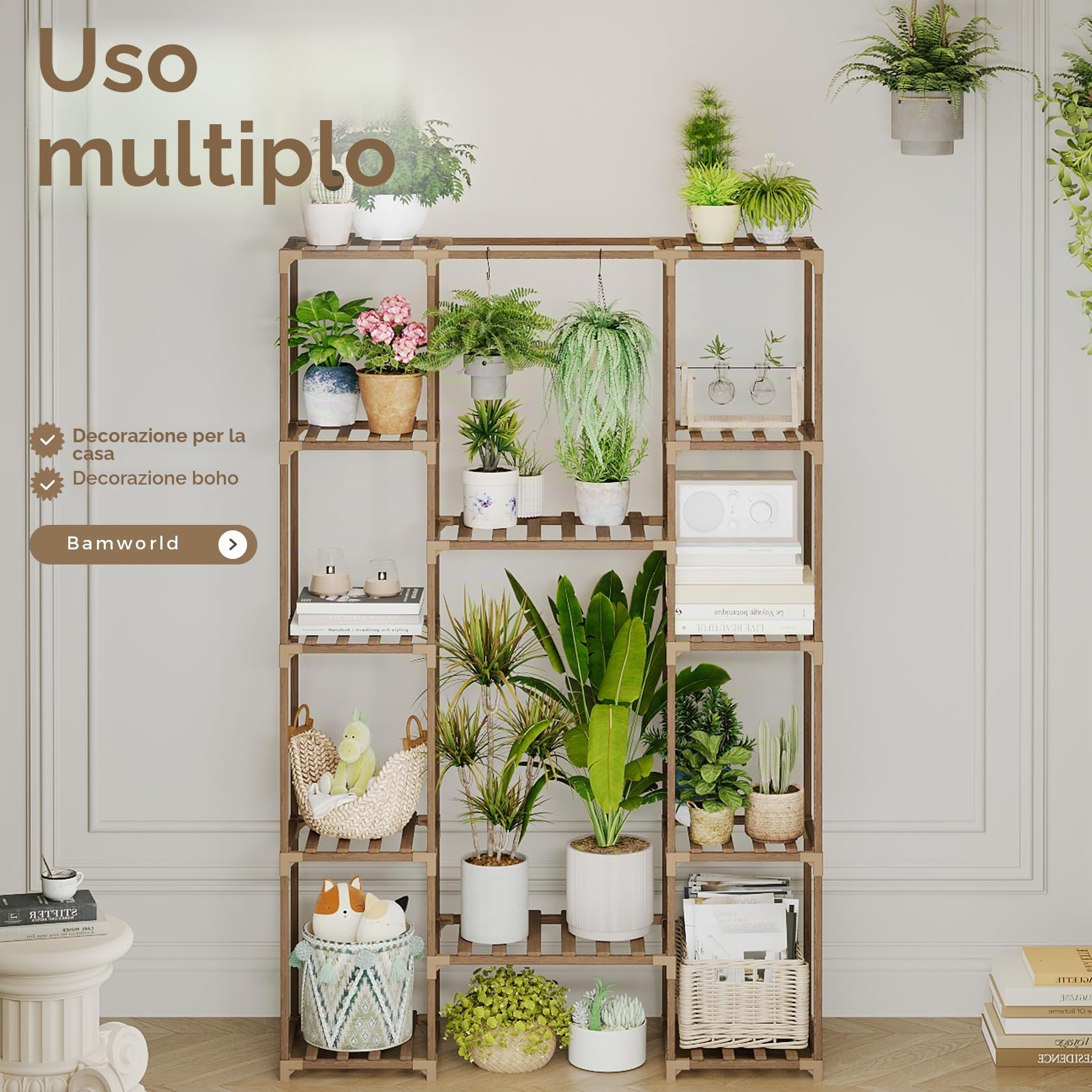 Bamworld Porta Piante da Esterno Grandi Scaffale per Piante da Interno Alto Supporto per Piante Legno Sostiene più Vasi Arredo Giardino Bonsai Vaso