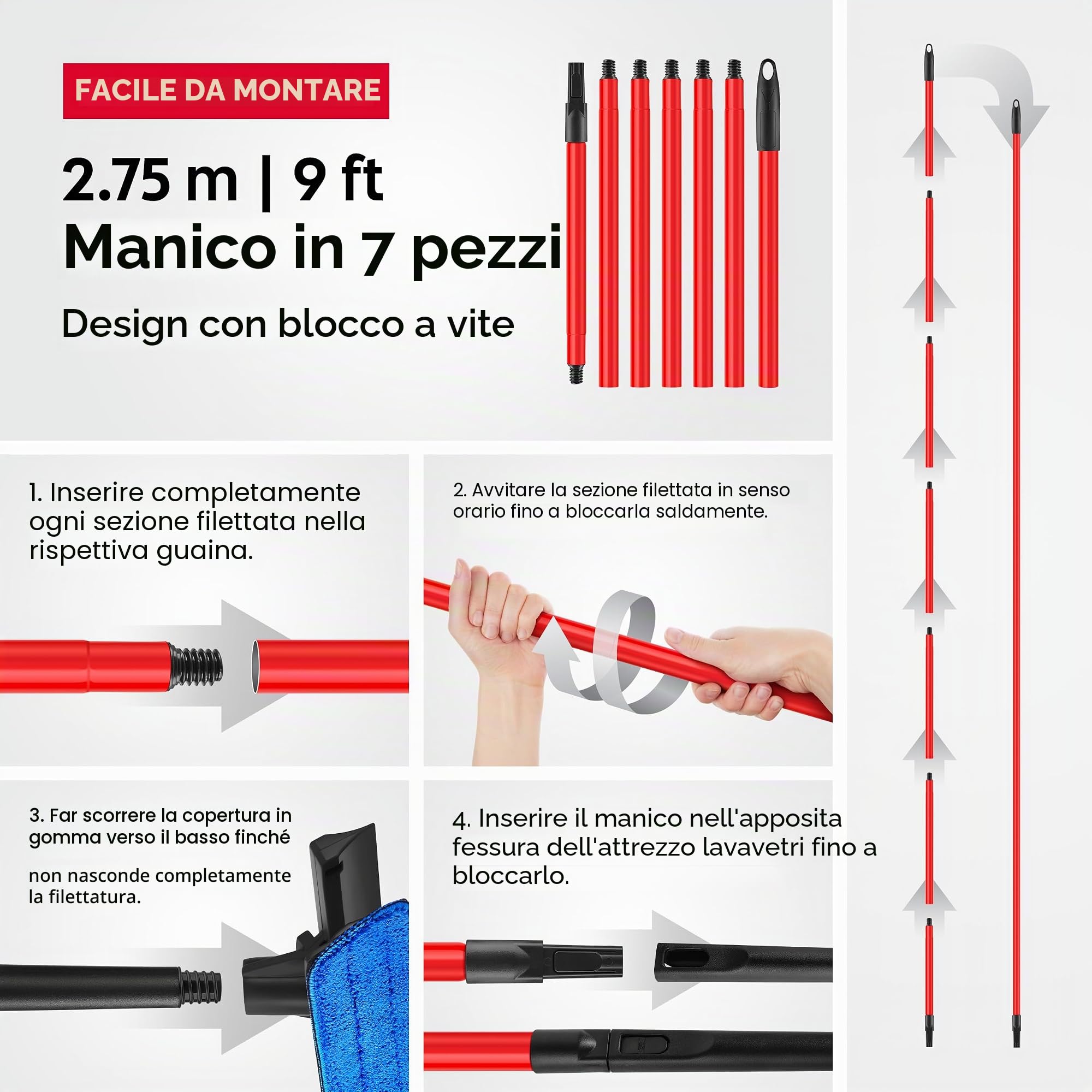 Tyroler Lavavetri Telescopico Professionale 2-in-1 | Bastone Telescopico per Pulizia Vetri Finestre 30-280cm | Tergivetro in Gomma 100% | Durata e Protezione Superiori Pulisci Vetri Telescopicos