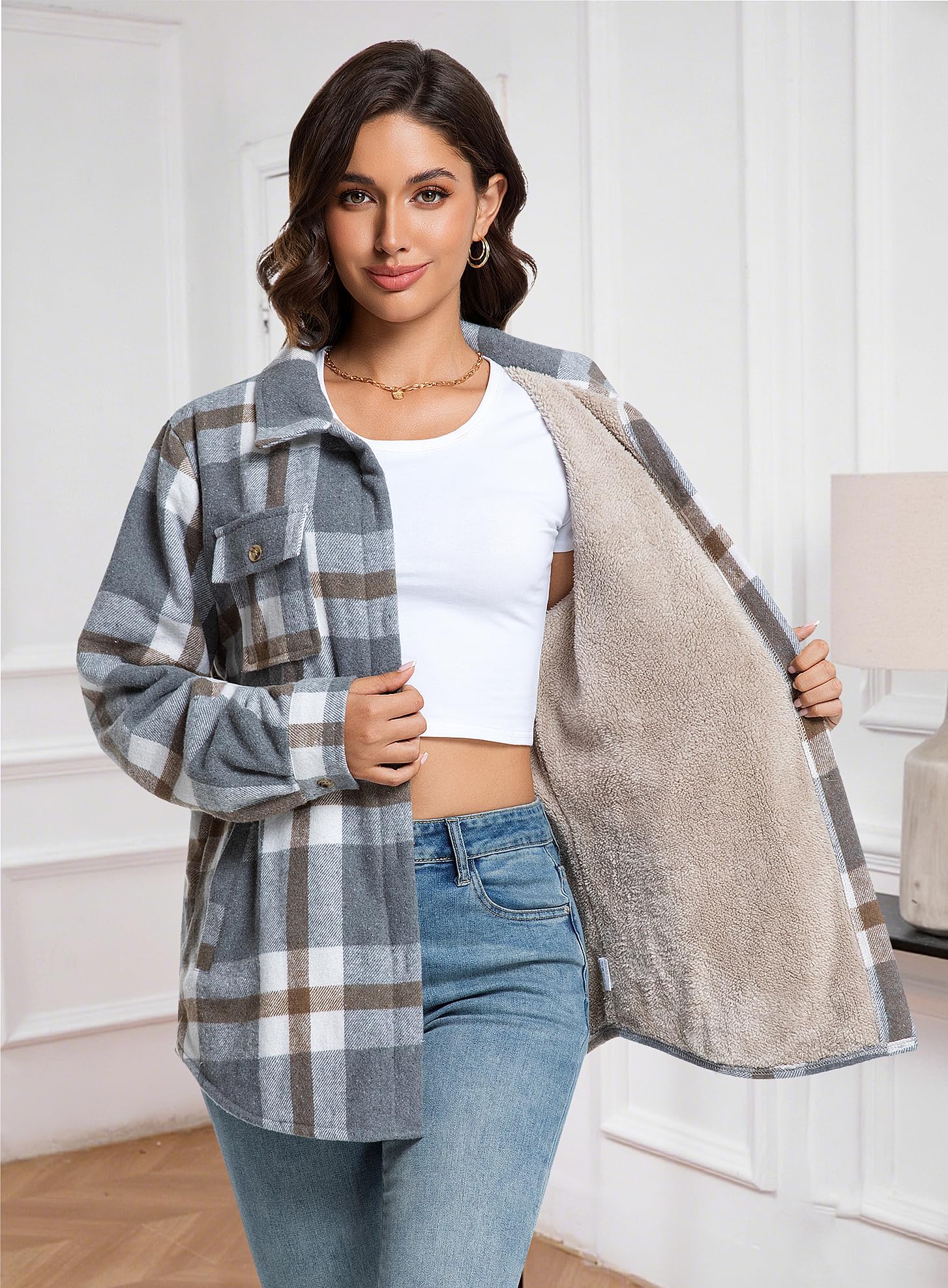 Elesuit Damen Sherpa Gefüttert Flanell Hemdjacke Plaid Button Down Jacke Mantel für Frauen mit Tasche