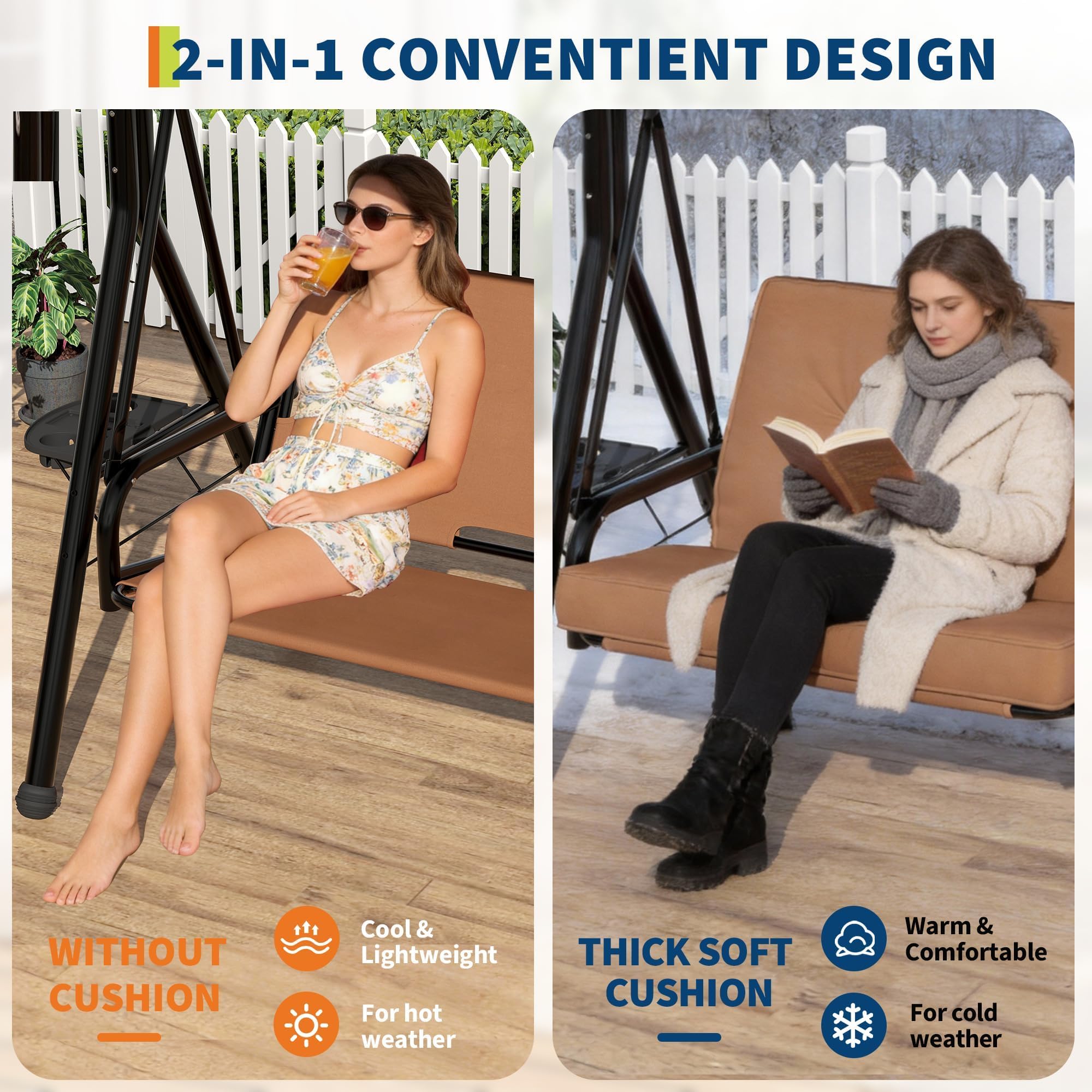 Hollywoodschaukel 2-Sitzer Mit Verstellbarem Sonnendach & Standgestell, Gartenschaukel Mit Abnehmbarem Kissen, Getränkehaltern & Klapptisch, Wasserabweisend Für Terrasse Garten, Bis 280kg, Braun