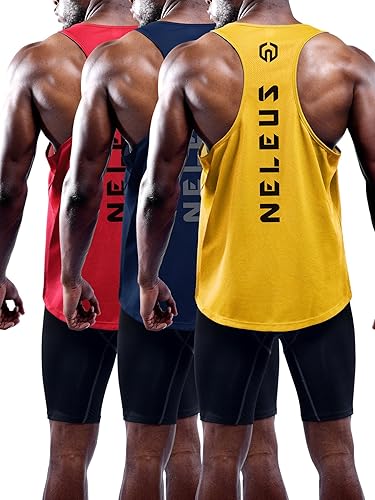 NELEUS - Paquete de 3 camisetas sin mangas, con espalda en Y, Dri-Fit, para hombre, para gimnasio 5031# Paquete de 3: rojo, amarillo, azul