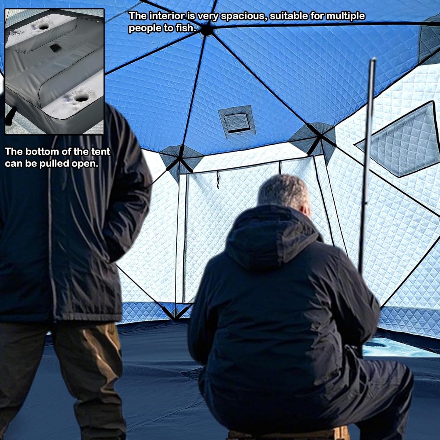 Ice Fishing Shelter Expanded Dimensions 350 * 175 * 190cm, 5 Layers of Thickening Portable Ice Fishing Tent 420D Insulated Layer Ice Shanty Hexagon Ice Huts