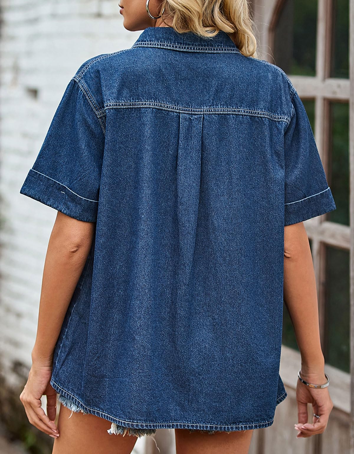 KOOSUFA Damen Jeansbluse Kurzarm Jeanshemd Sommer Denim Bluse Umlegekragen Lässig Blusenshirt Hemdbluse mit Knopfleiste&Brusttasche S M L XL