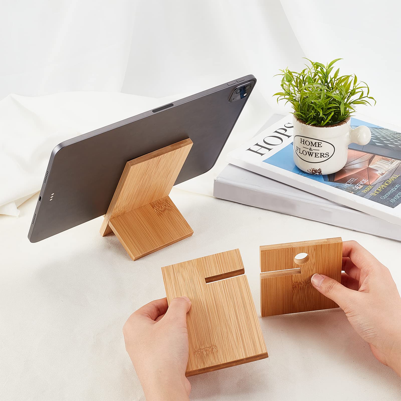 2 Supporti Da Tavolo In Bambù Con Foro Per Ricarica – Per Smartphone E Tablet, Antiscivolo - 3