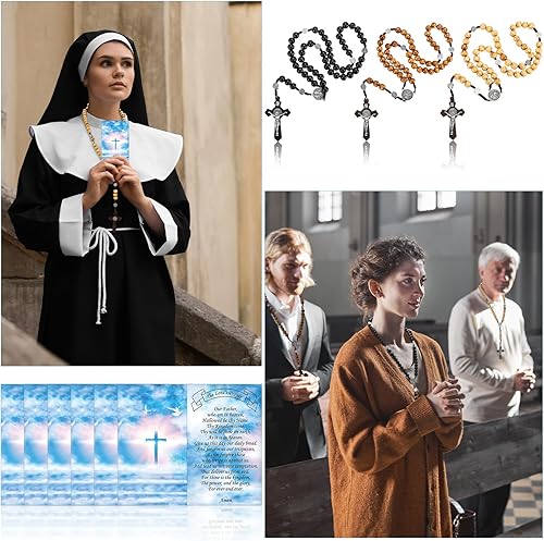 Miniatura 7 de Cunno 6 juegos de collar de cuentas de rosario de madera a granel para hombres y mujeres, rosarios católicos, collar de crucifijo, cuentas de