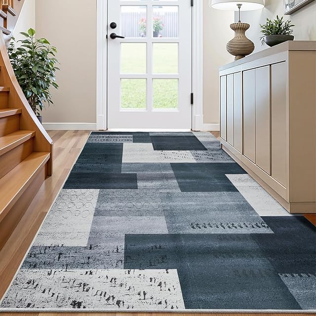 Area Rugs 3X5 for Living Room, Washable Ultra-Thin Checkered Rug for Bedrooms, Non-Slip Soft Flat Print Plaid Carpet for Classroom, Dining Room, Office, Kids Playroom, Gray & Blue