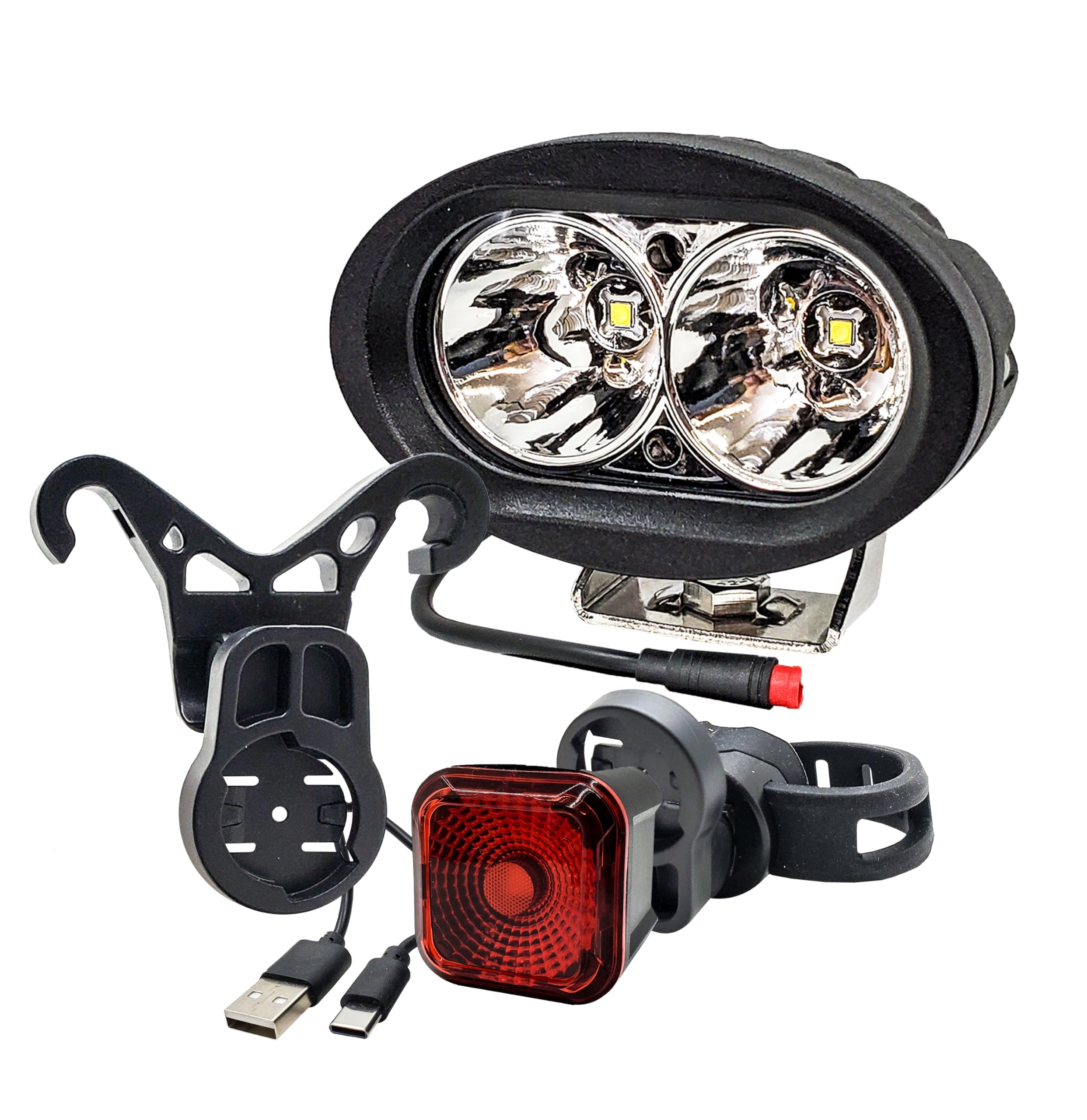 OZ-USA E-Bike High-Output White LED Headlight & USB Rechargeable 4-Mode Smart Sensor Brake Light 12V - 60V Compatible with Vamoose Mammoth Rad Power Bikes RadMini RadRover RadExpand RadRunner