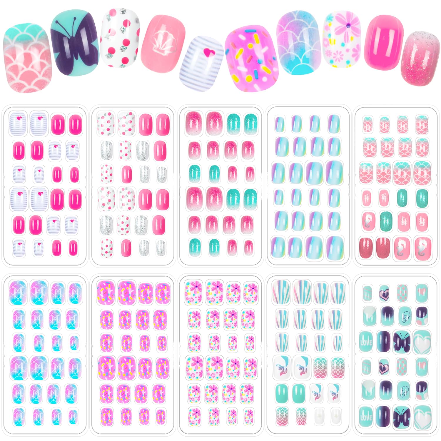 240 Pieces Press on Nails Girls Fake Nails for Kids Artificial Kids Press on Nails Full Cover Short Acrylic Stick On Nails False Nail Tips Kit for