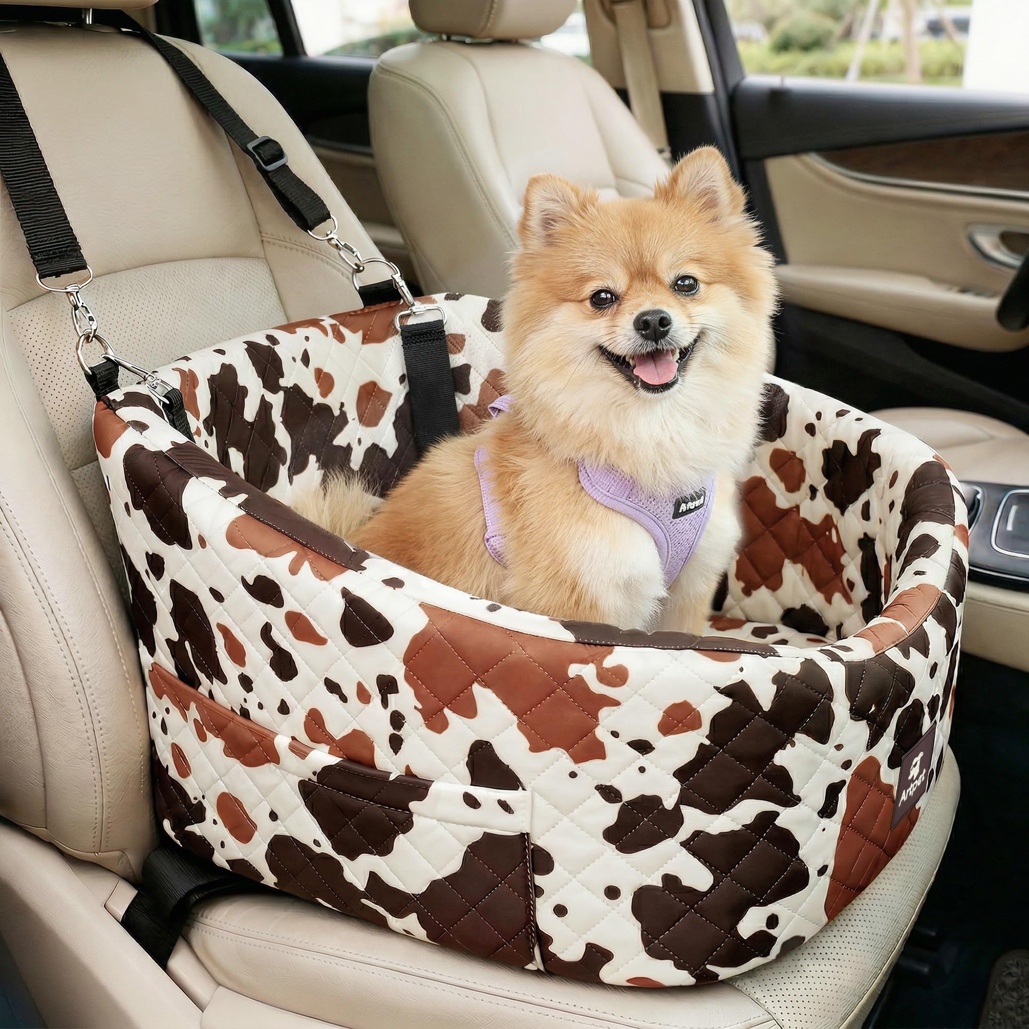 Asiento de Seguridad para Perros Pequeños y Medianos - Confortable, Antideslizante, con Fijación al Cinturón de Seguridad, Colores: Marrón con Patrón Lechoso