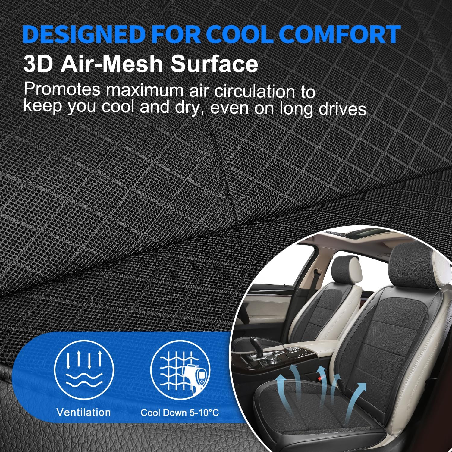 BEITK 2 Pack Ventilated Cooling Car Seat Covers, 3D Air Mesh Breathable Leather Front Seat Protectors with Storage Pocket, Non-Slip Cool Seat Cushion Universal Fit for Sedan SUV Truck (Black)
