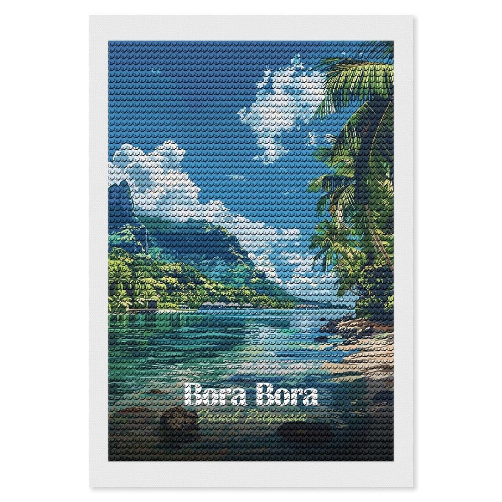 Junmoney Bora Bora French Polynesia Landscape Diamond Art Kit 8"x12", Vintage Style Decor, Stress Relief Craft, Decor Project, Relaxing DIY, Creative Hobby
