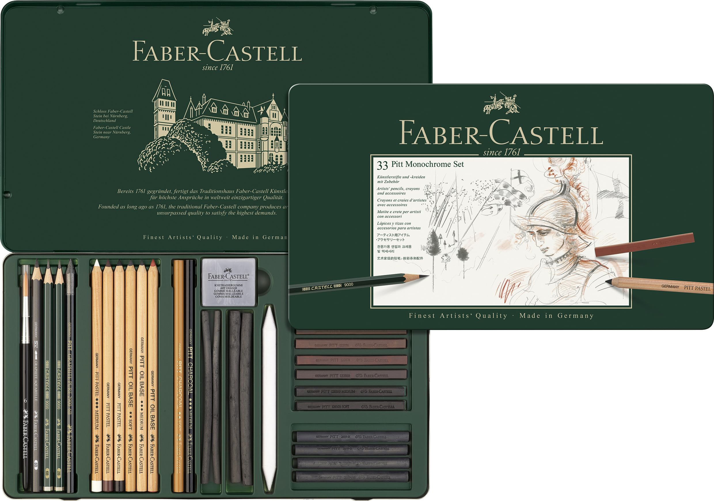 Faber-Castell 112975 - Pitt Monochrome Set im Metalletui, klein, 12-teilig (groß mit Pinselradierer)