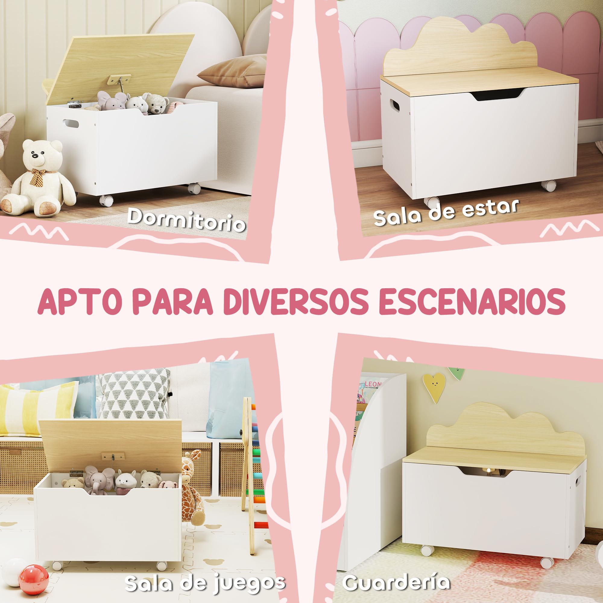 AIYAPLAY Caja de Almacenaje de Juguetes con Ruedas, Blanco y Natural | Baúl Juguetes Infantil, Tapa Abatible, Bisagra de Seguridad, Diseño de Nube, Dormitorio, Sala de Juegos, Guardería