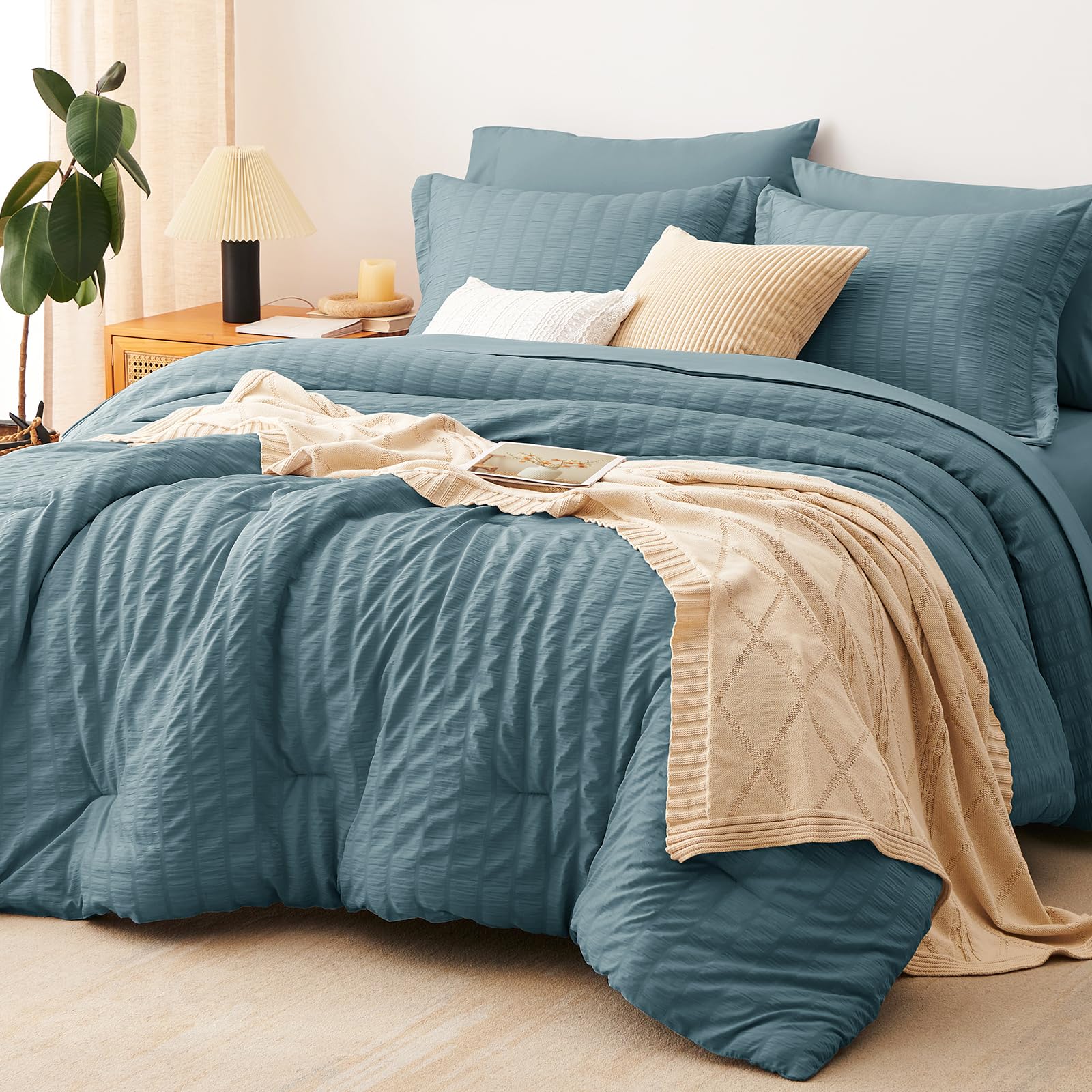 CozyLux Oversized King Comforter Set 120x98 7-Piece Mineral Blue Seersucker