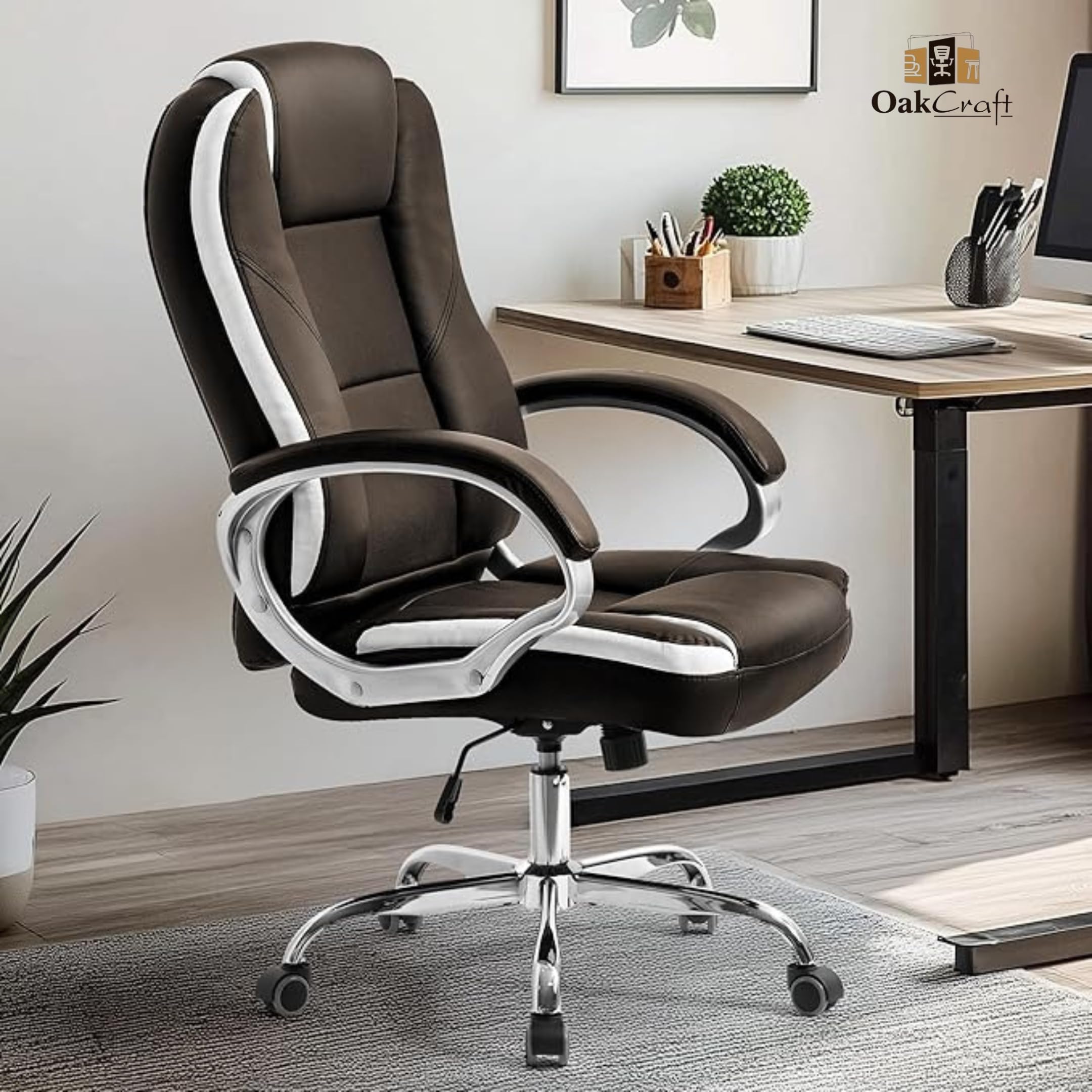 Oakcraft Ergonomic Executive PU-Leather Chair – Adjustable Swivel Desk Chair with Lumbar Support & Smooth Casters