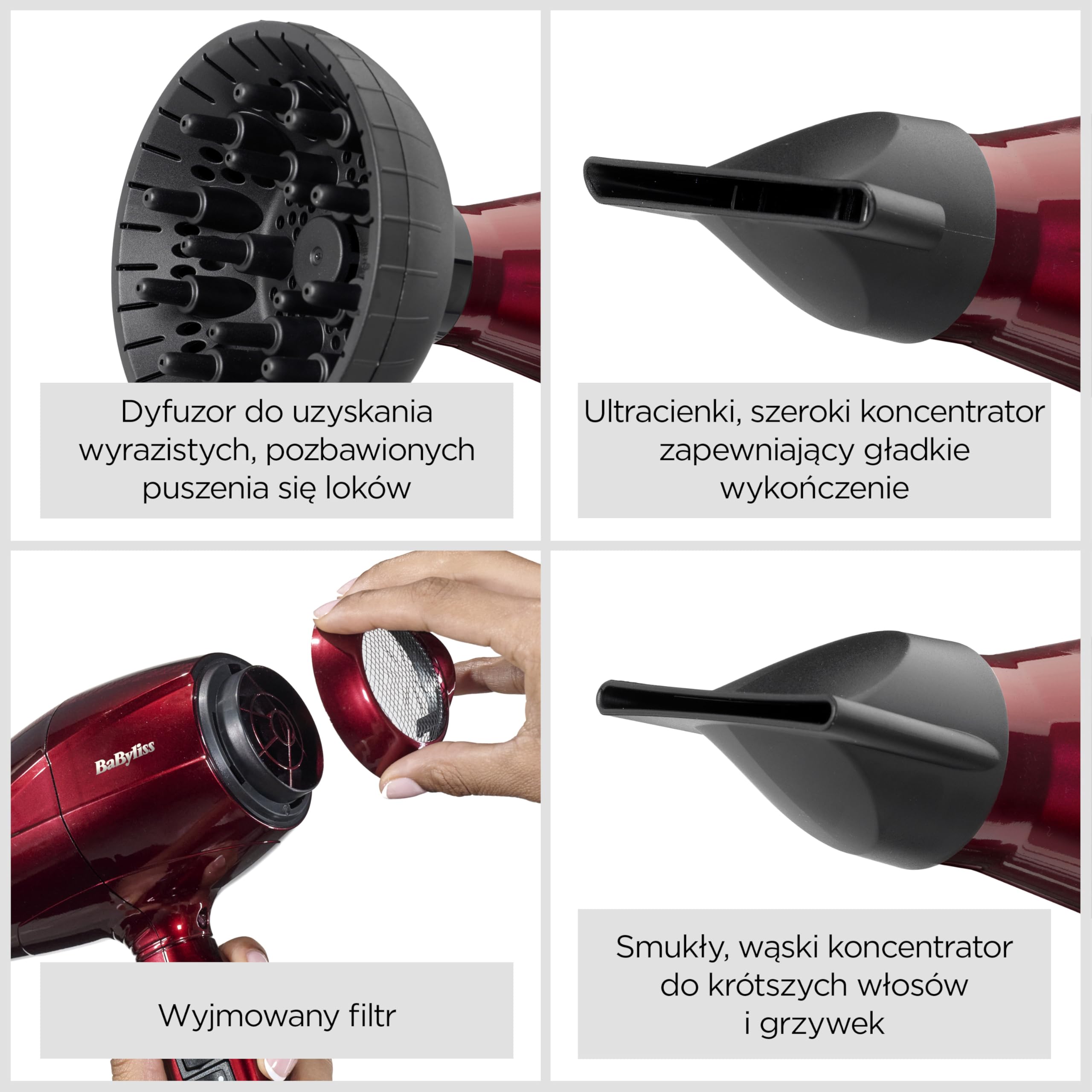 Suszarka BaByliss Pro Digital z dyfuzorem - 2200 W Ultra-szybka suszarka z jonizacją, Włoska produkcja, 3 ustawienia temperatury i 4 przepływu powietrza z przyciskiem Turbo, czerwona, 6001DE