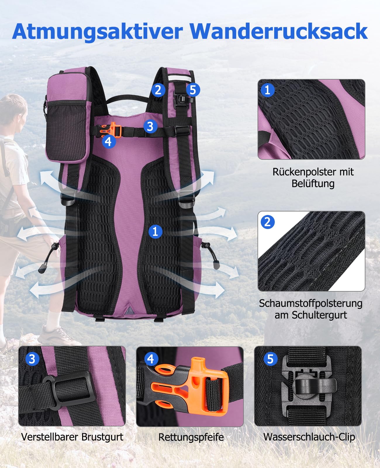 Plecak trekkingowy dla mężczyzn i kobiet, 25 l, mały plecak, lekki plecak podróżny z uchwytem na telefon, plecak trekkingowy z paskami odblaskowymi, na kemping, wędrówki, fioletowy, duży